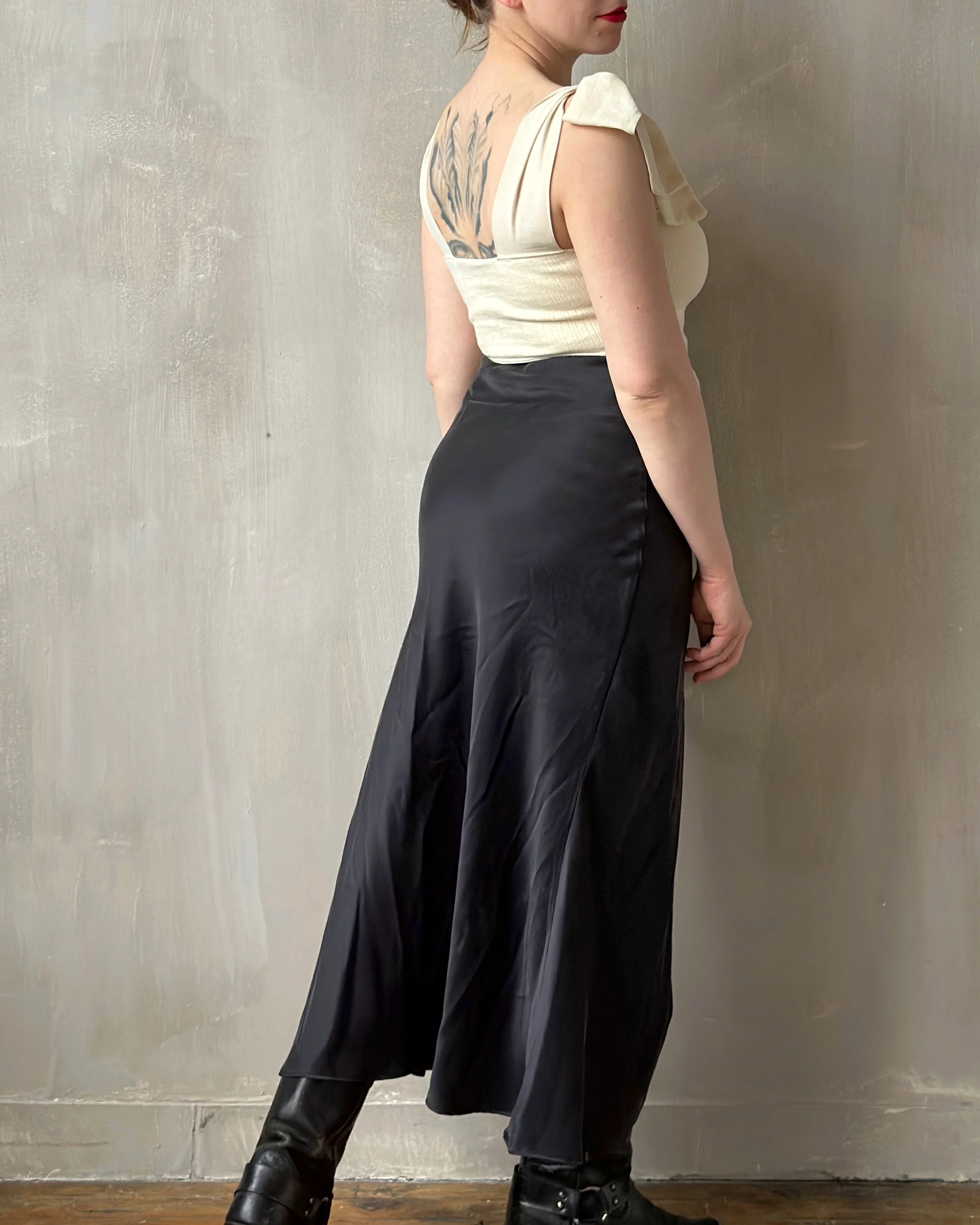 Bias Cut Charcoal Silk Slip Skirt (Pre-Order) - Image 11