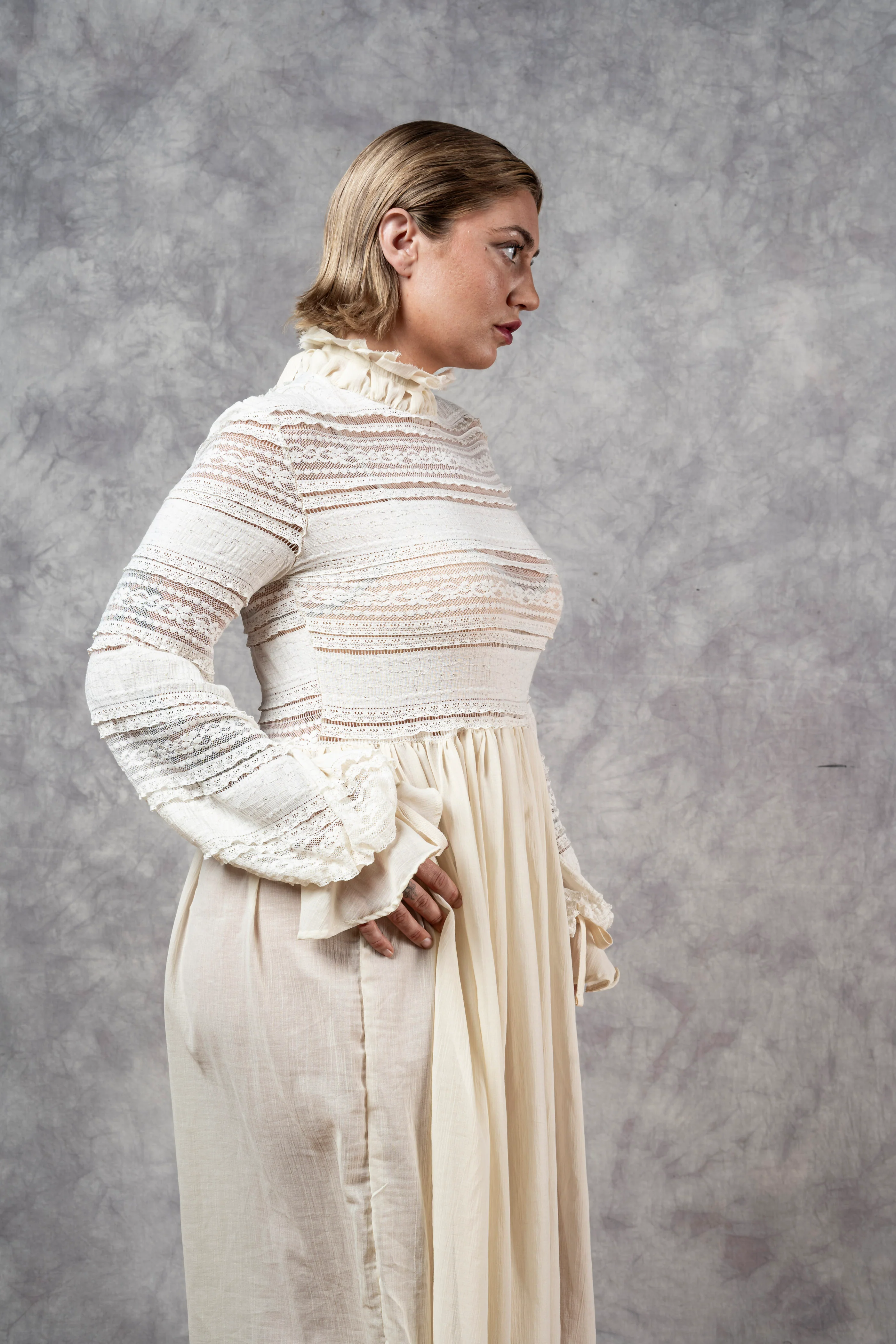 "Edith" Lace High Collar Dress in Ivory - Image 12