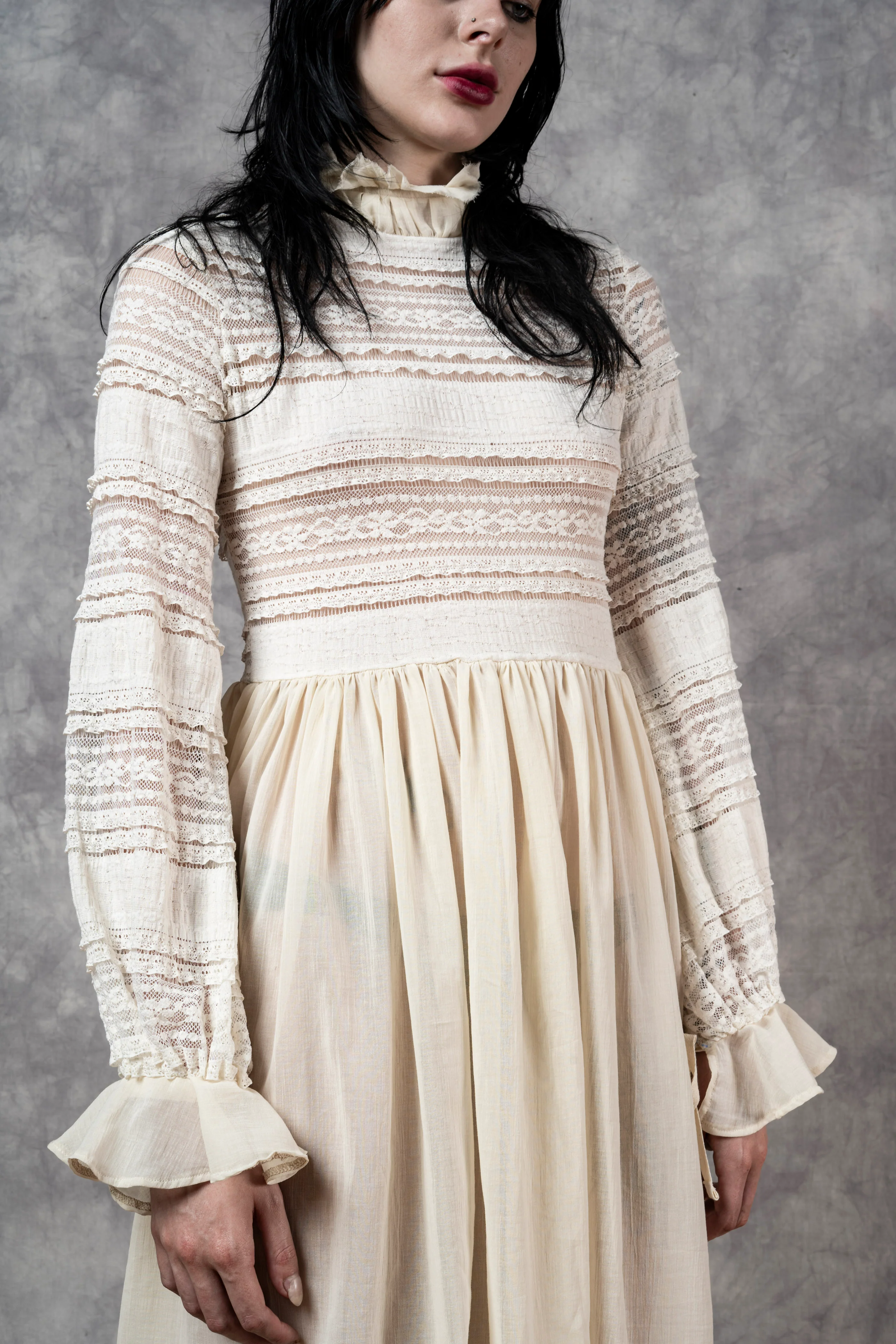 "Edith" Lace High Collar Dress in Ivory - Image 13