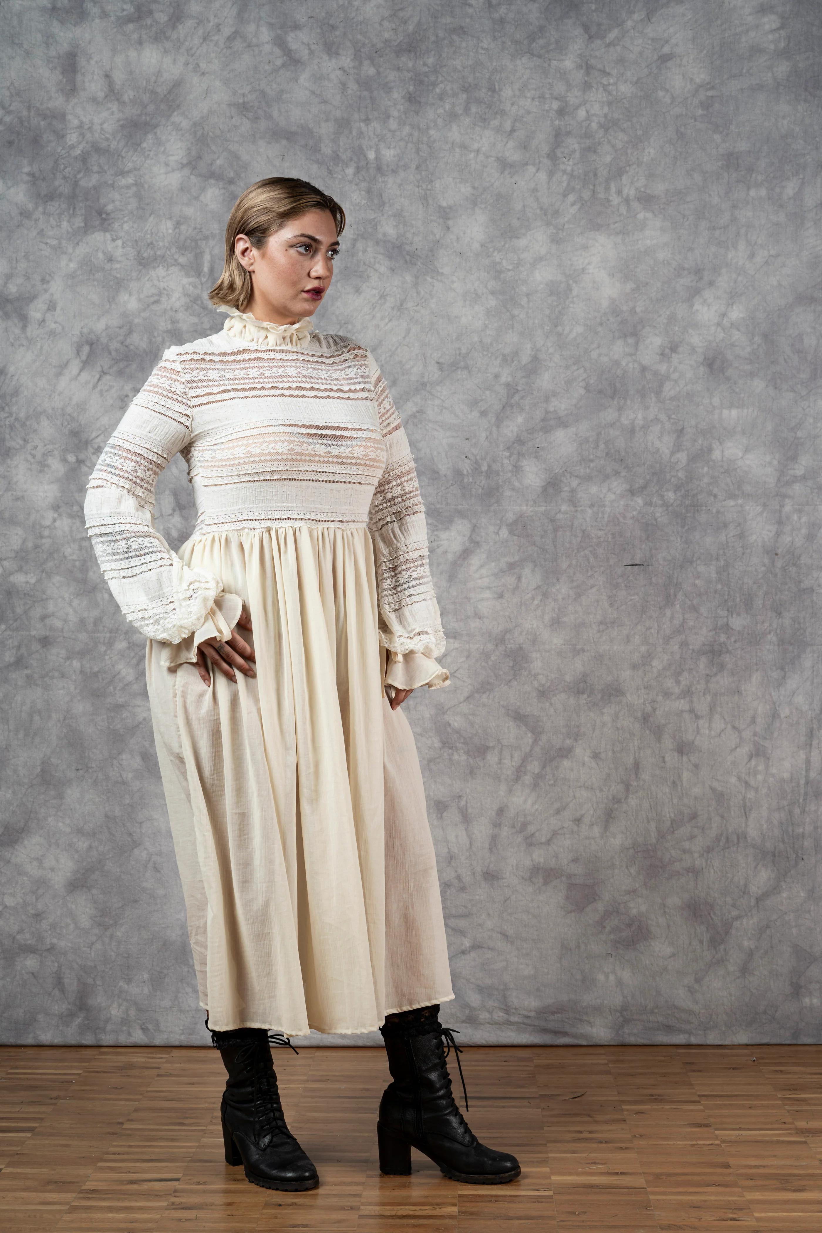 "Edith" Lace High Collar Dress in Ivory - Image 14