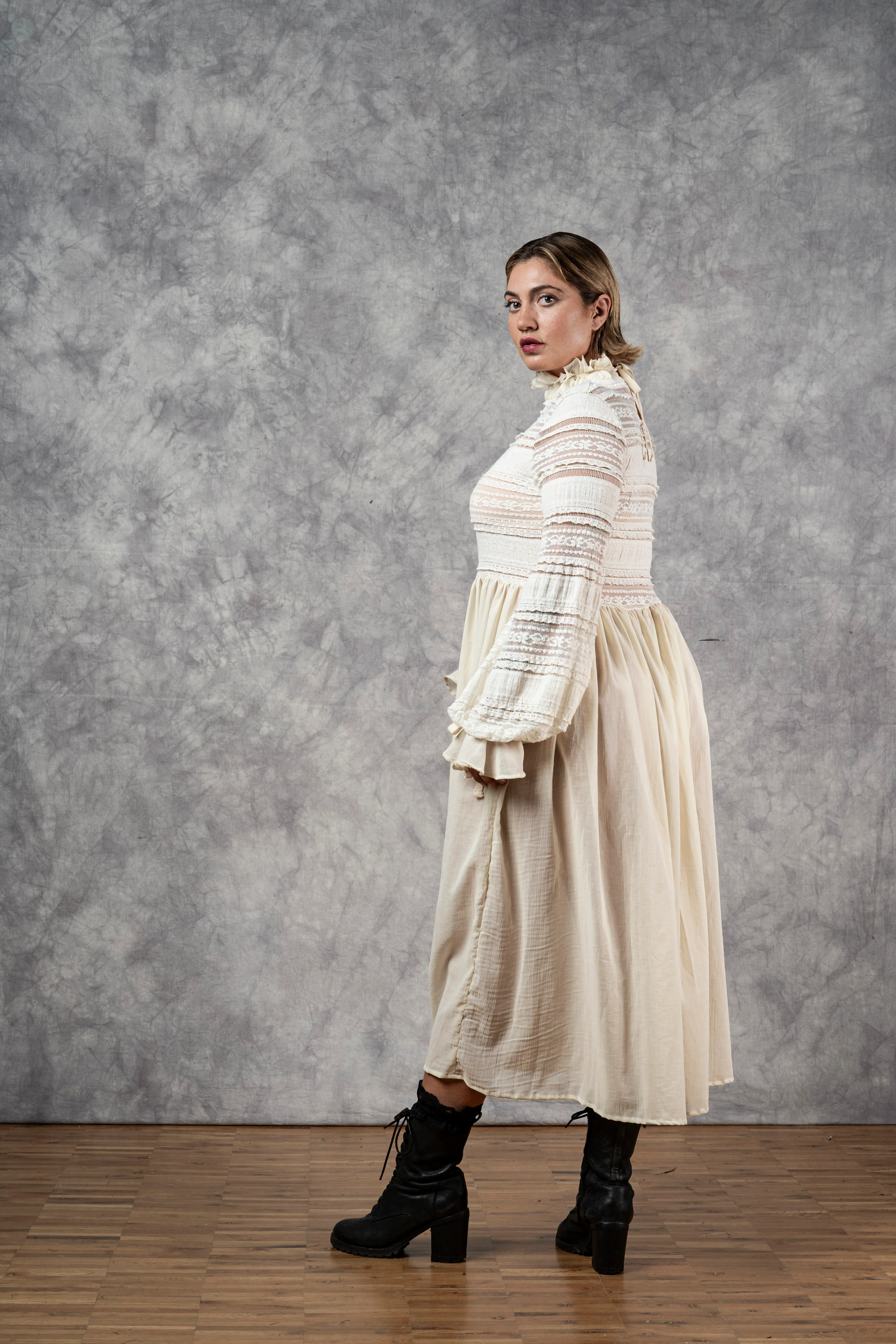 "Edith" Lace High Collar Dress in Ivory - Image 15