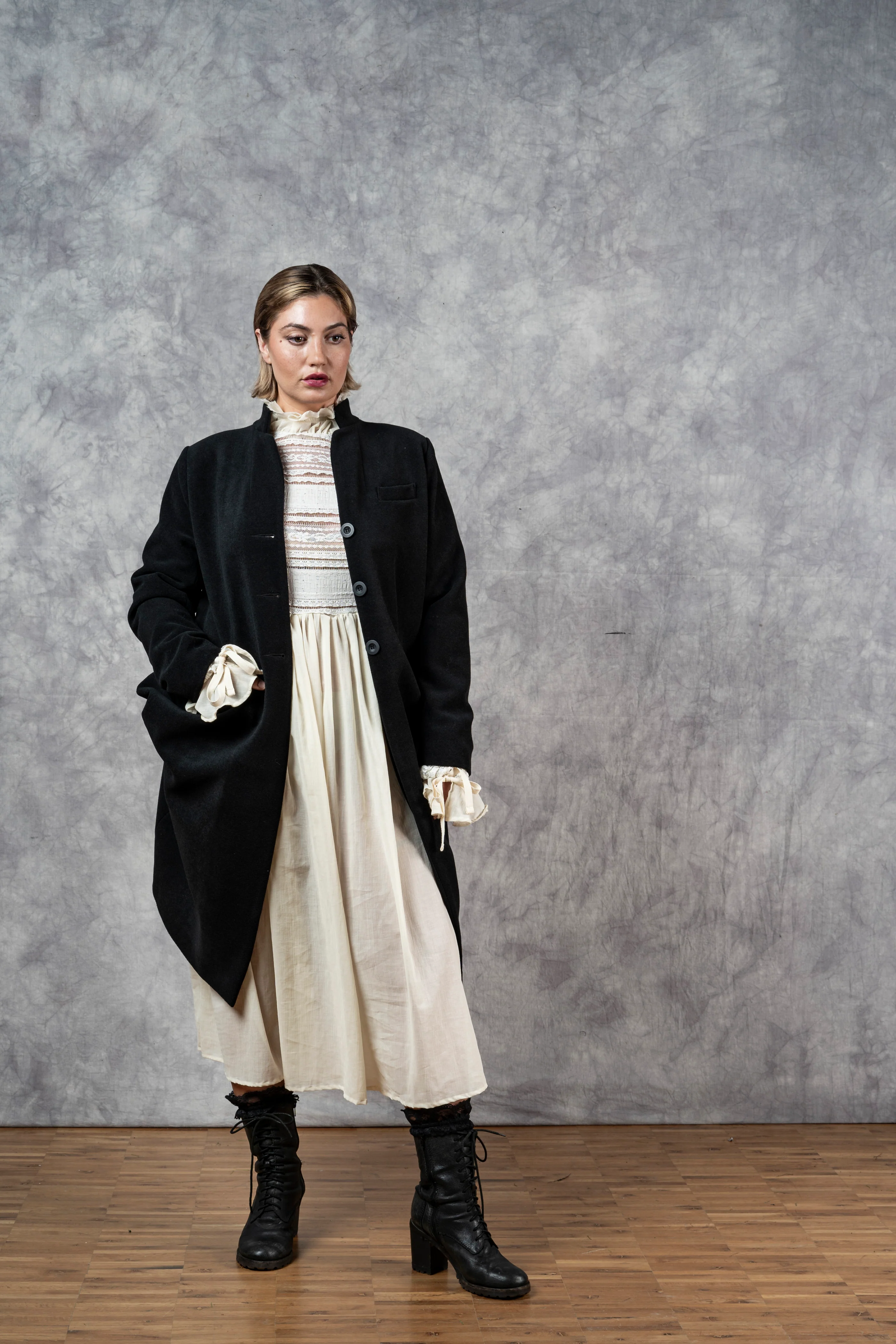 "Edith" Lace High Collar Dress in Ivory - Image 16