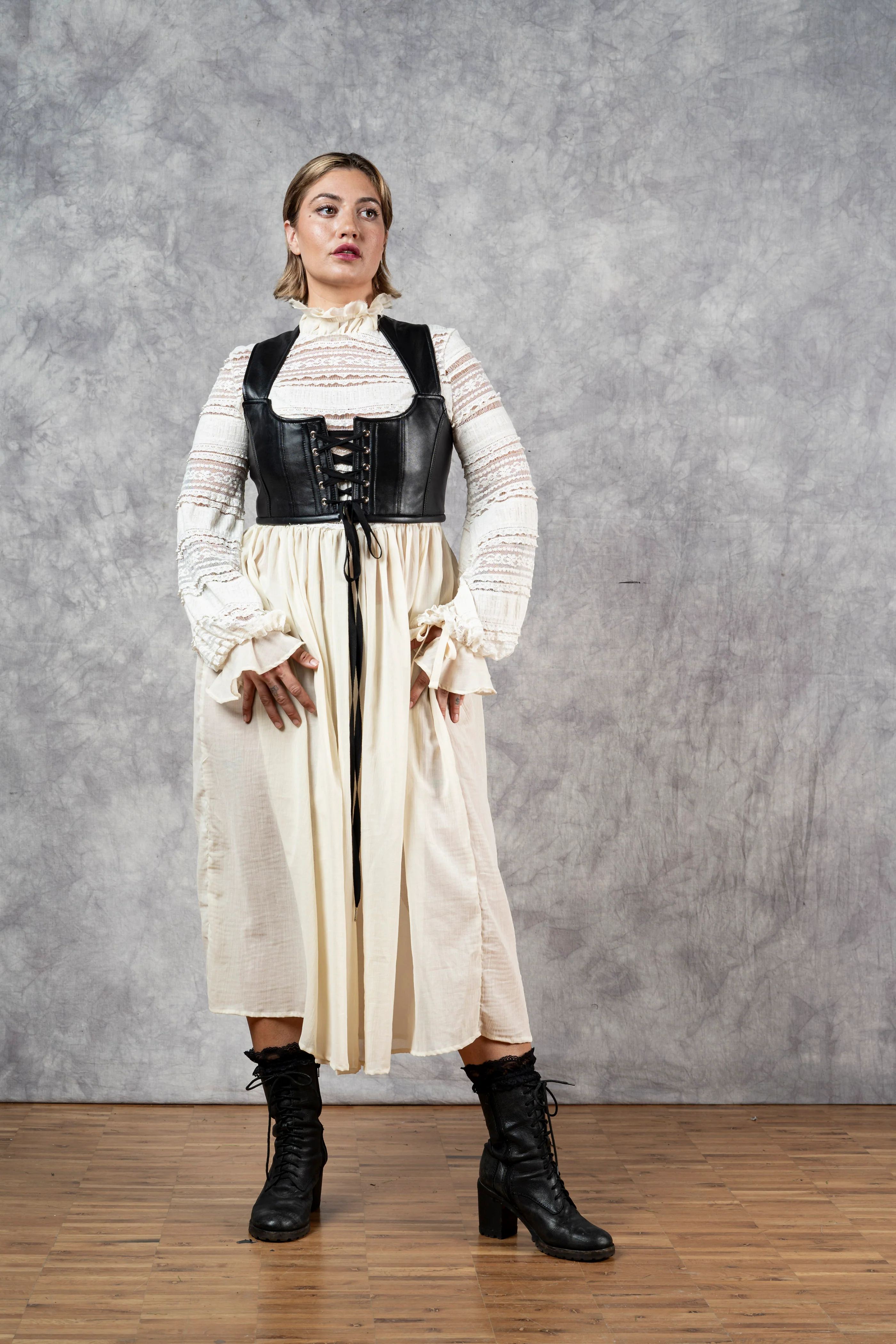 "Edith" Lace High Collar Dress in Ivory - Image 17