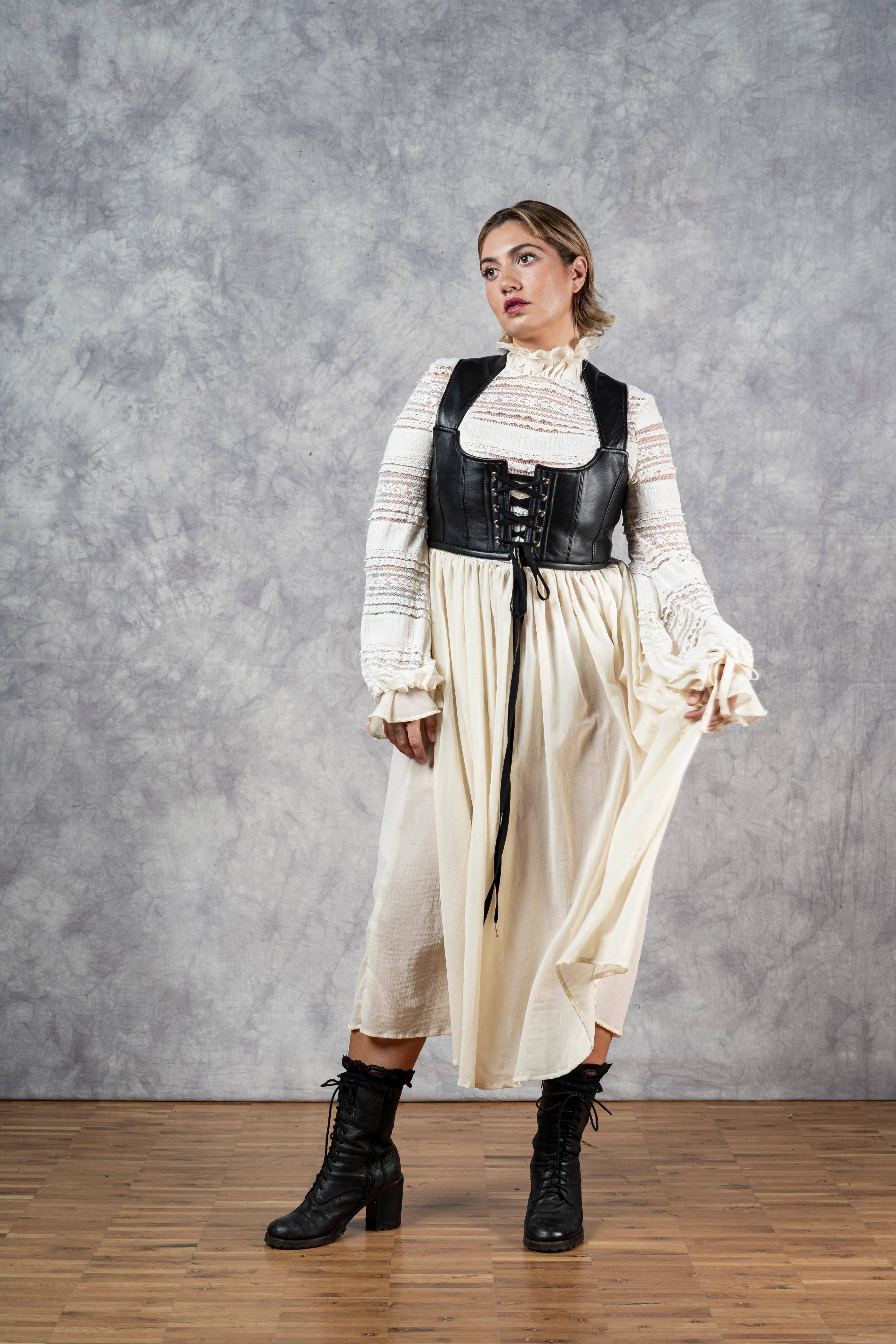 "Edith" Lace High Collar Dress in Ivory - Image 18