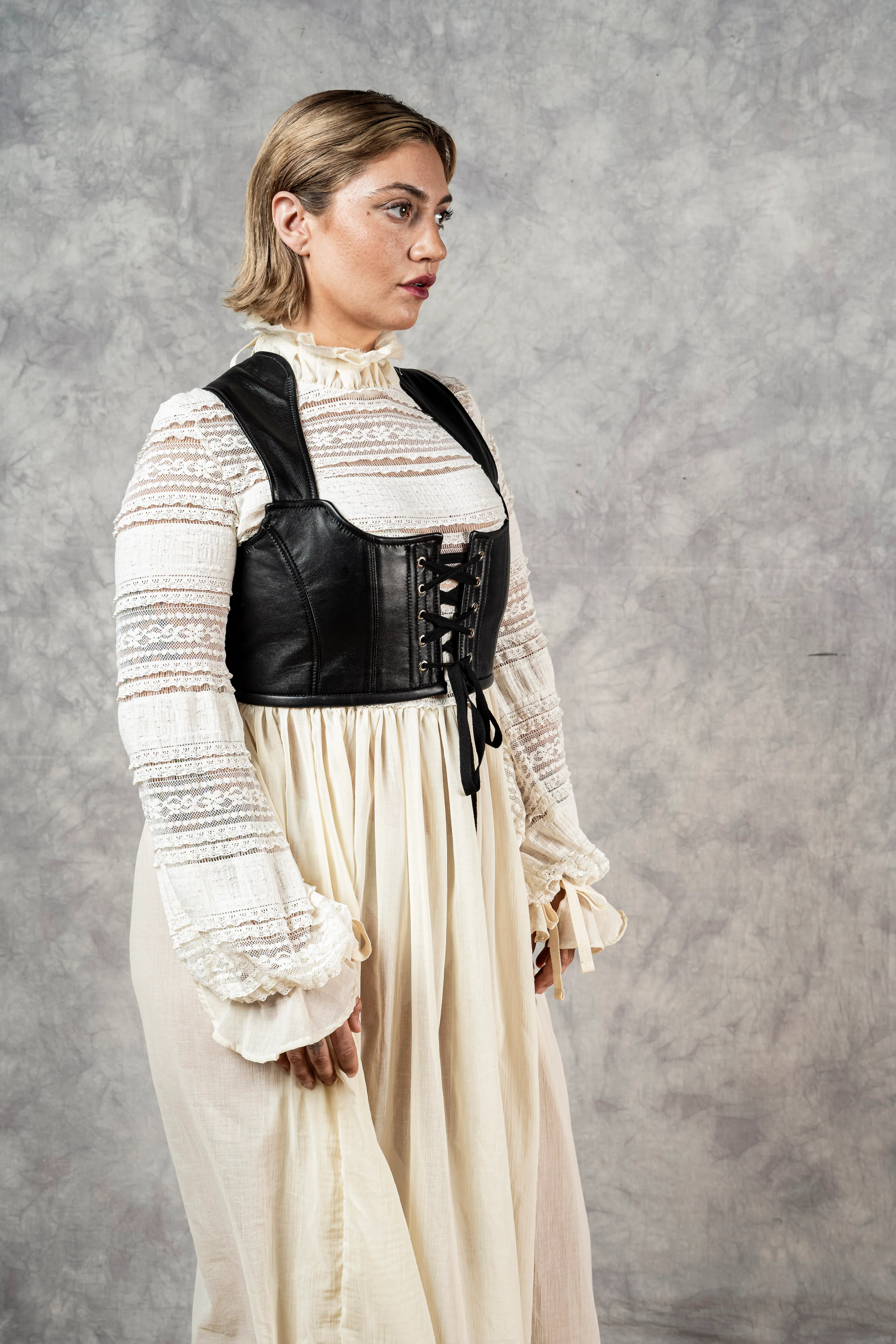 "Edith" Lace High Collar Dress in Ivory - Image 20