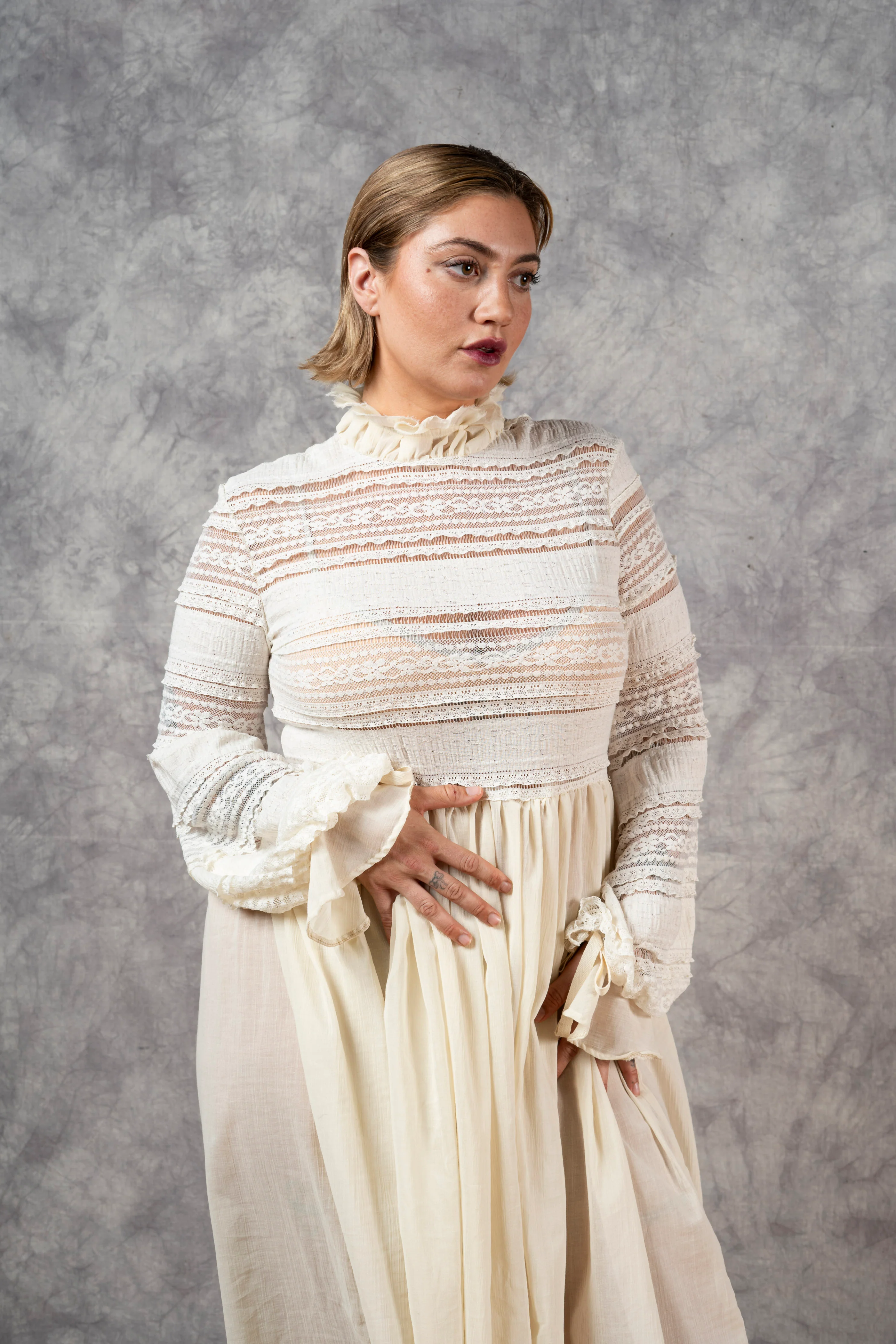 "Edith" Lace High Collar Dress in Ivory - Image 25