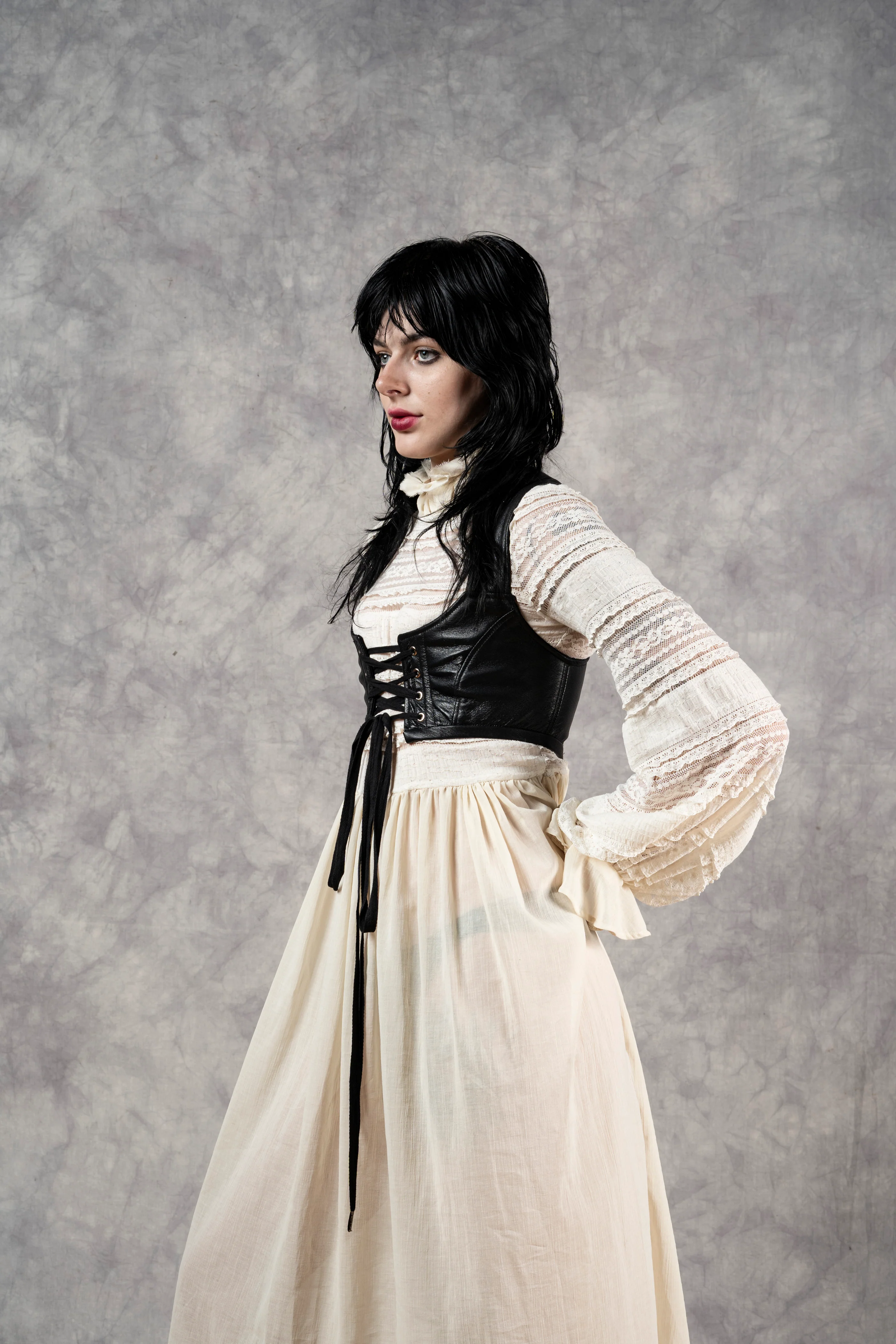 "Edith" Lace High Collar Dress in Ivory - Image 29