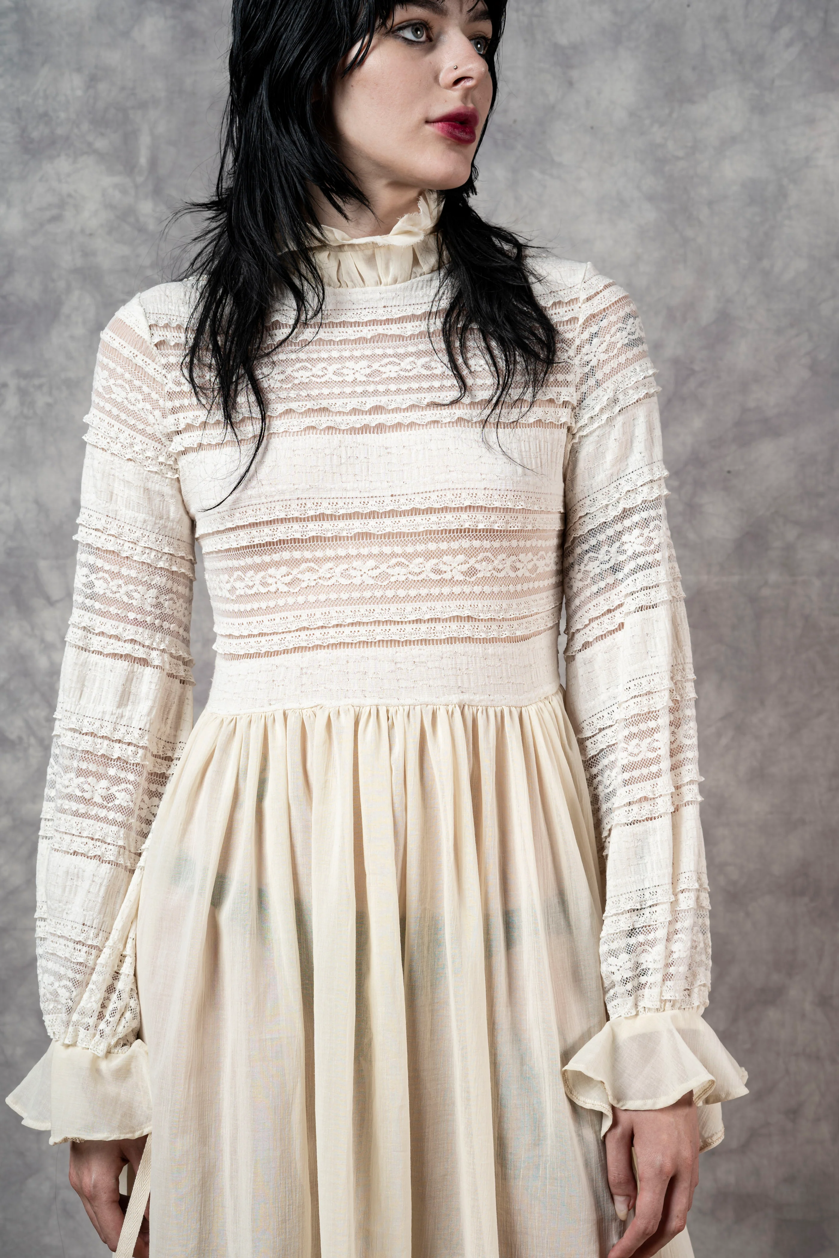 "Edith" Lace High Collar Dress in Ivory - Image 32
