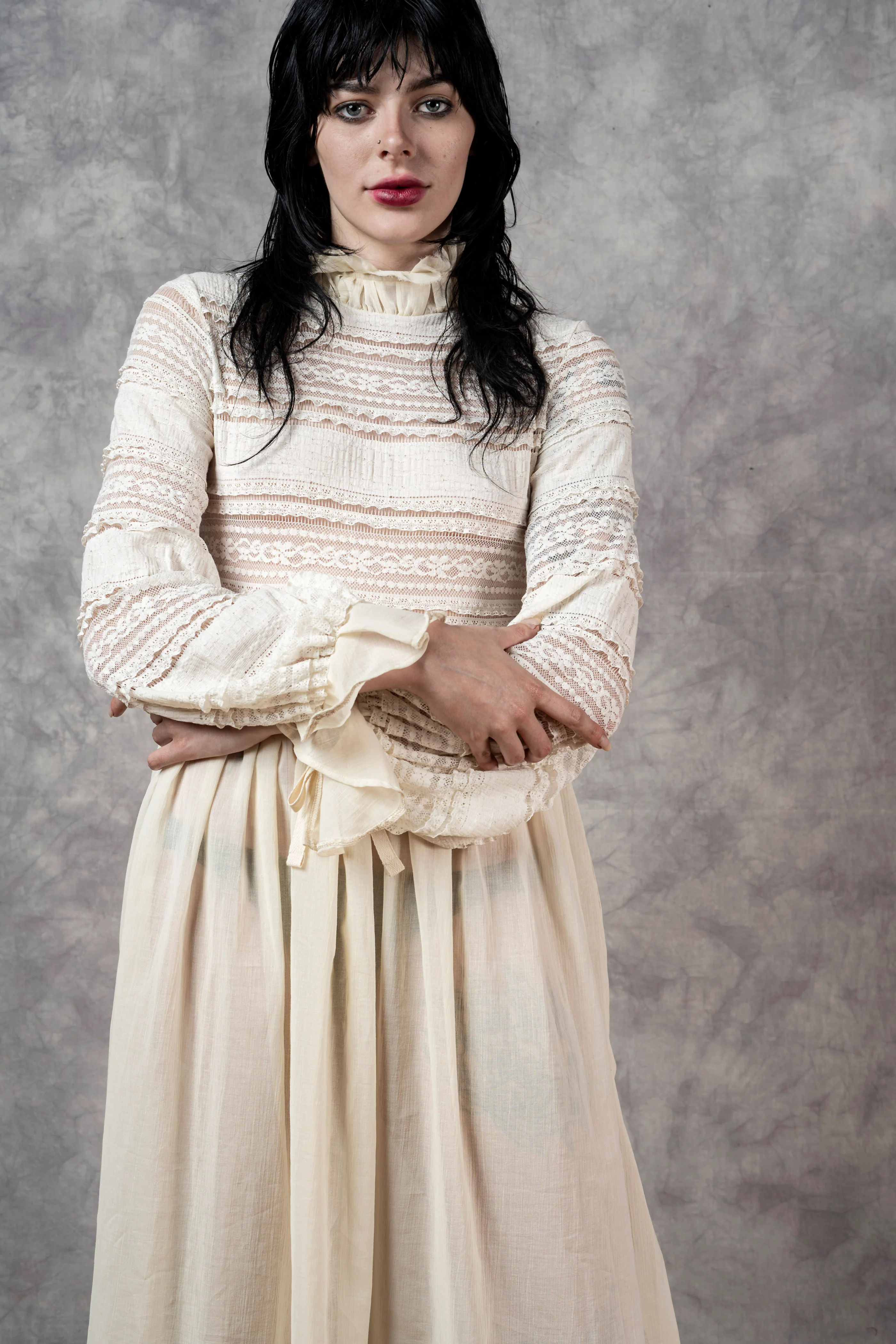 "Edith" Lace High Collar Dress in Ivory - Image 33