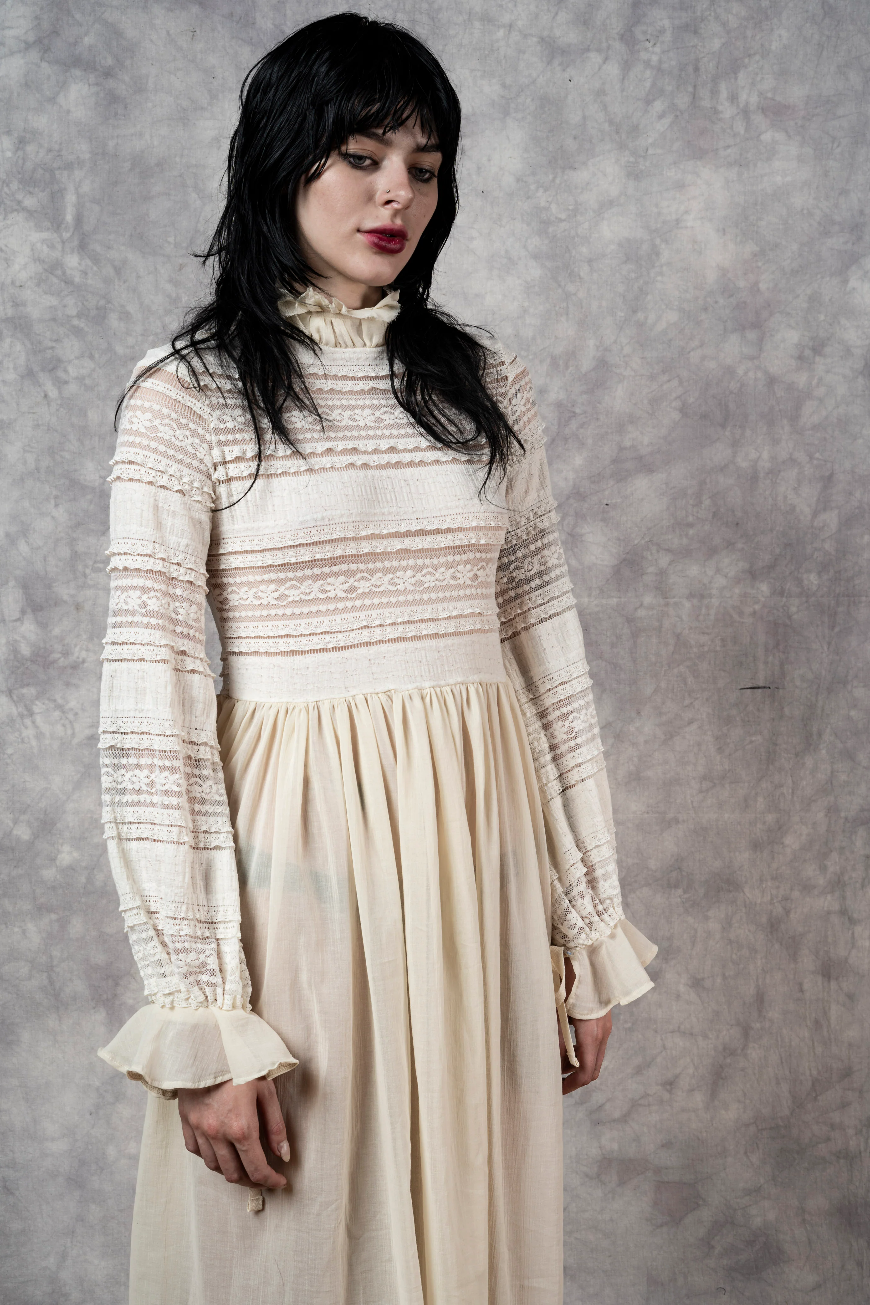 "Edith" Lace High Collar Dress in Ivory - Image 34