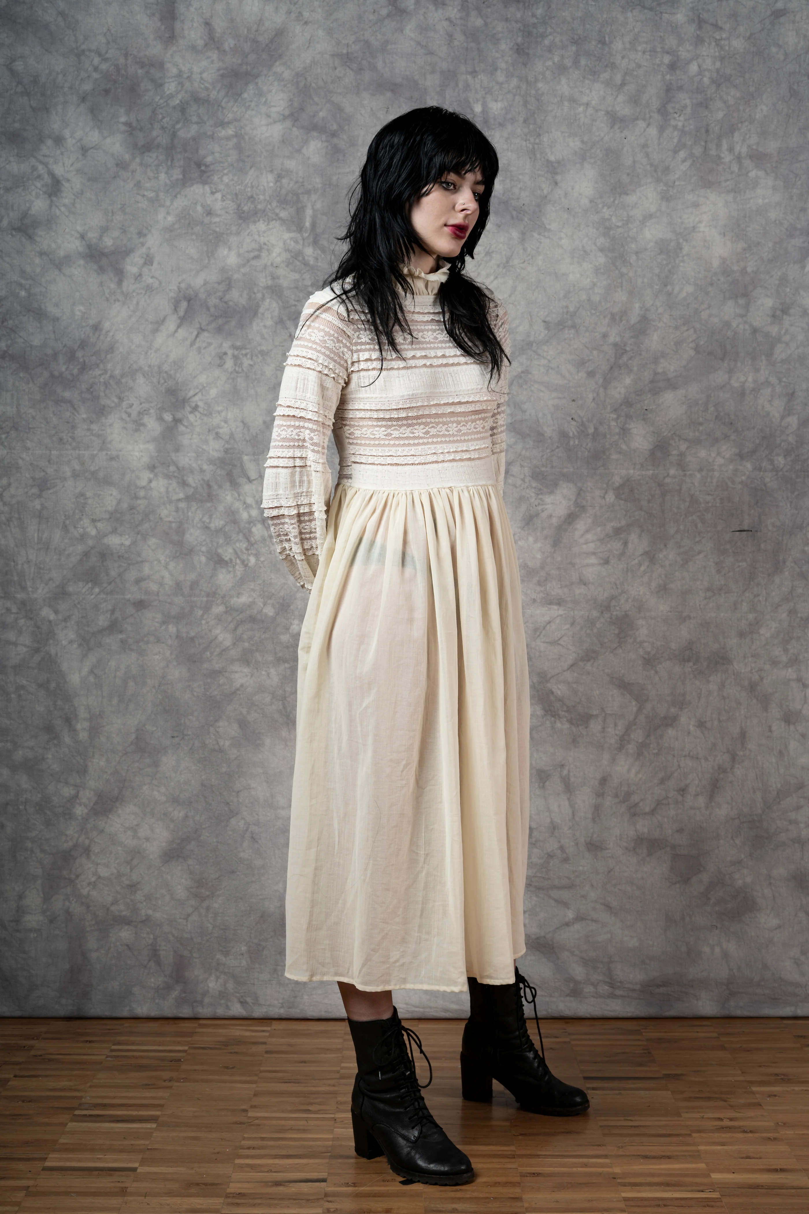 "Edith" Lace High Collar Dress in Ivory - Image 35