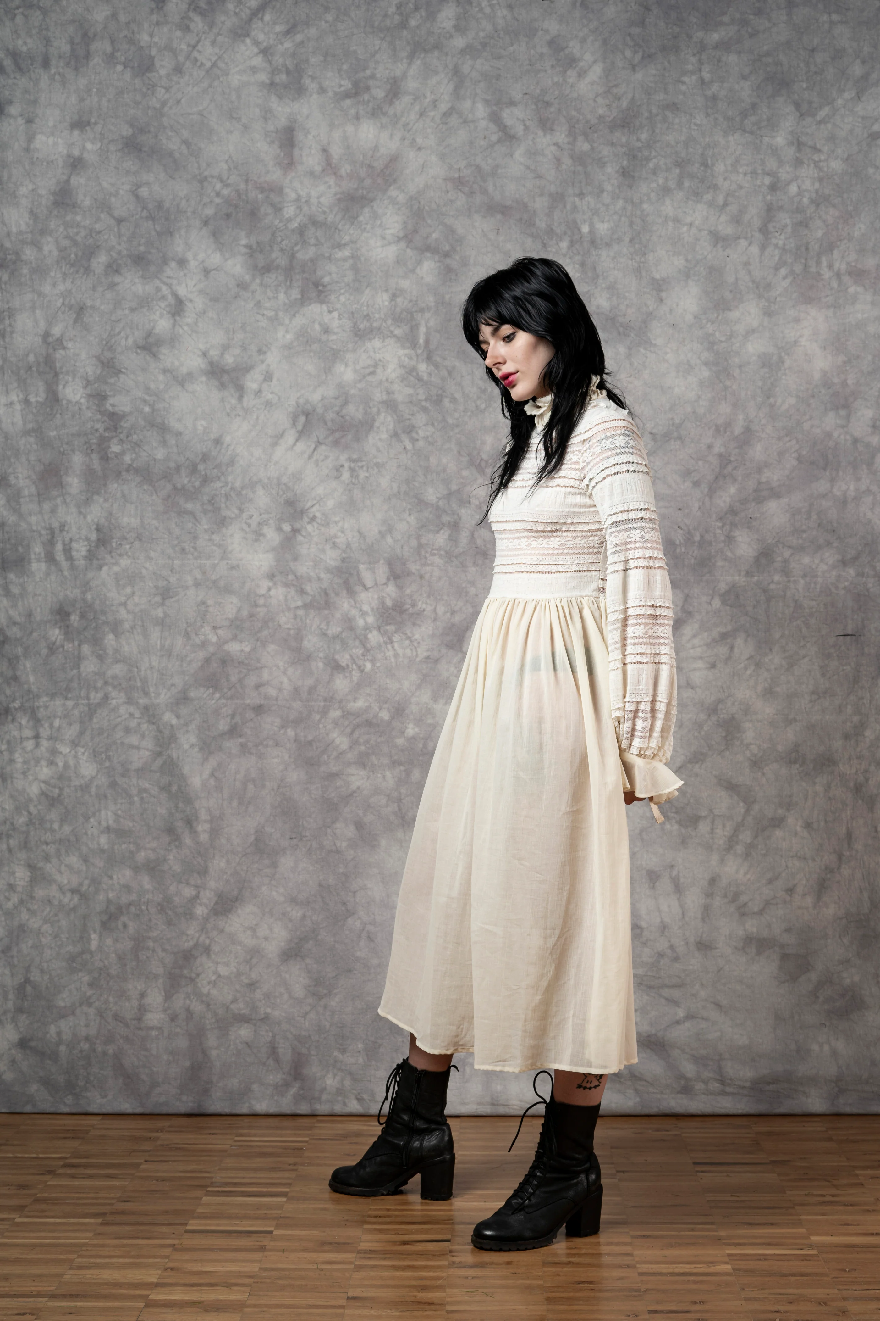 "Edith" Lace High Collar Dress in Ivory - Image 38