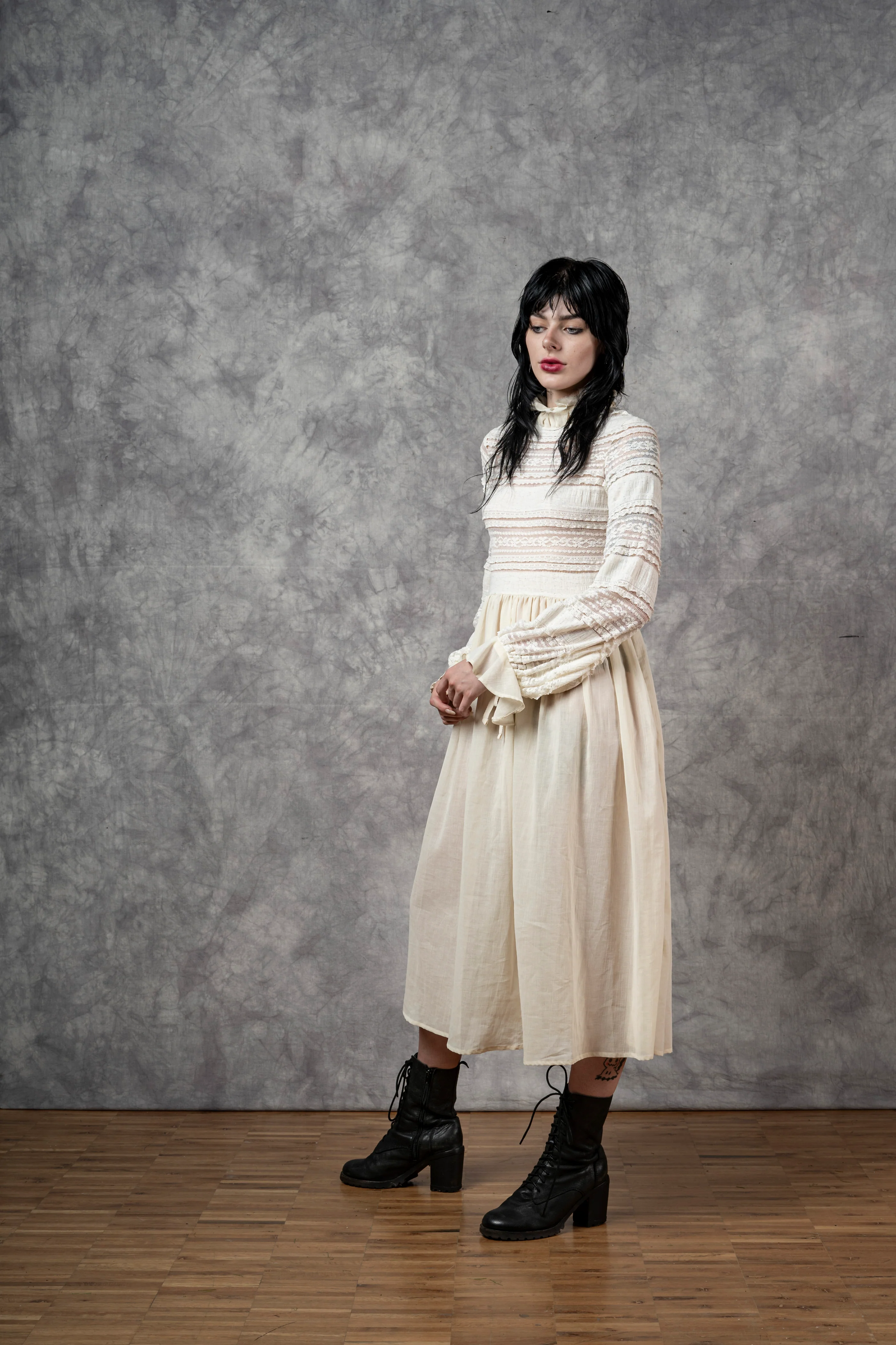 "Edith" Lace High Collar Dress in Ivory - Image 39