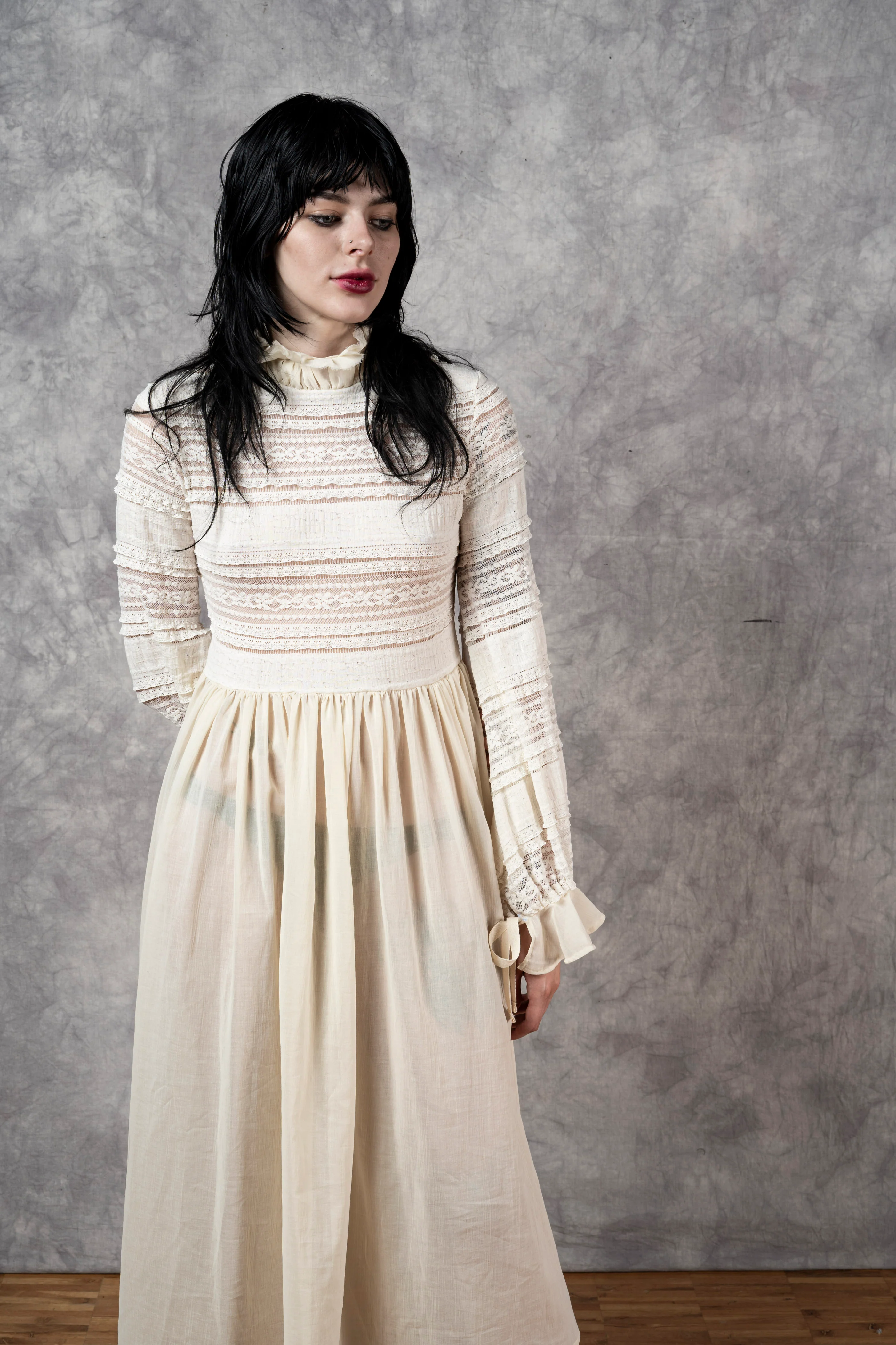 "Edith" Lace High Collar Dress in Ivory - Image 4