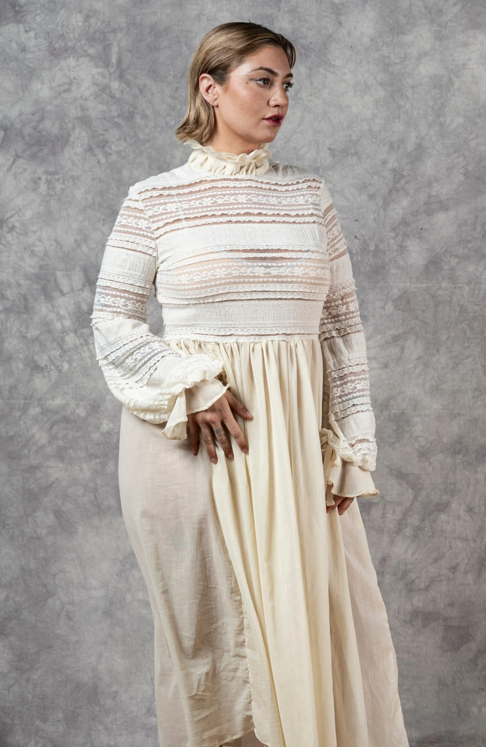 "Edith" Lace High Collar Dress in Ivory - Image 5