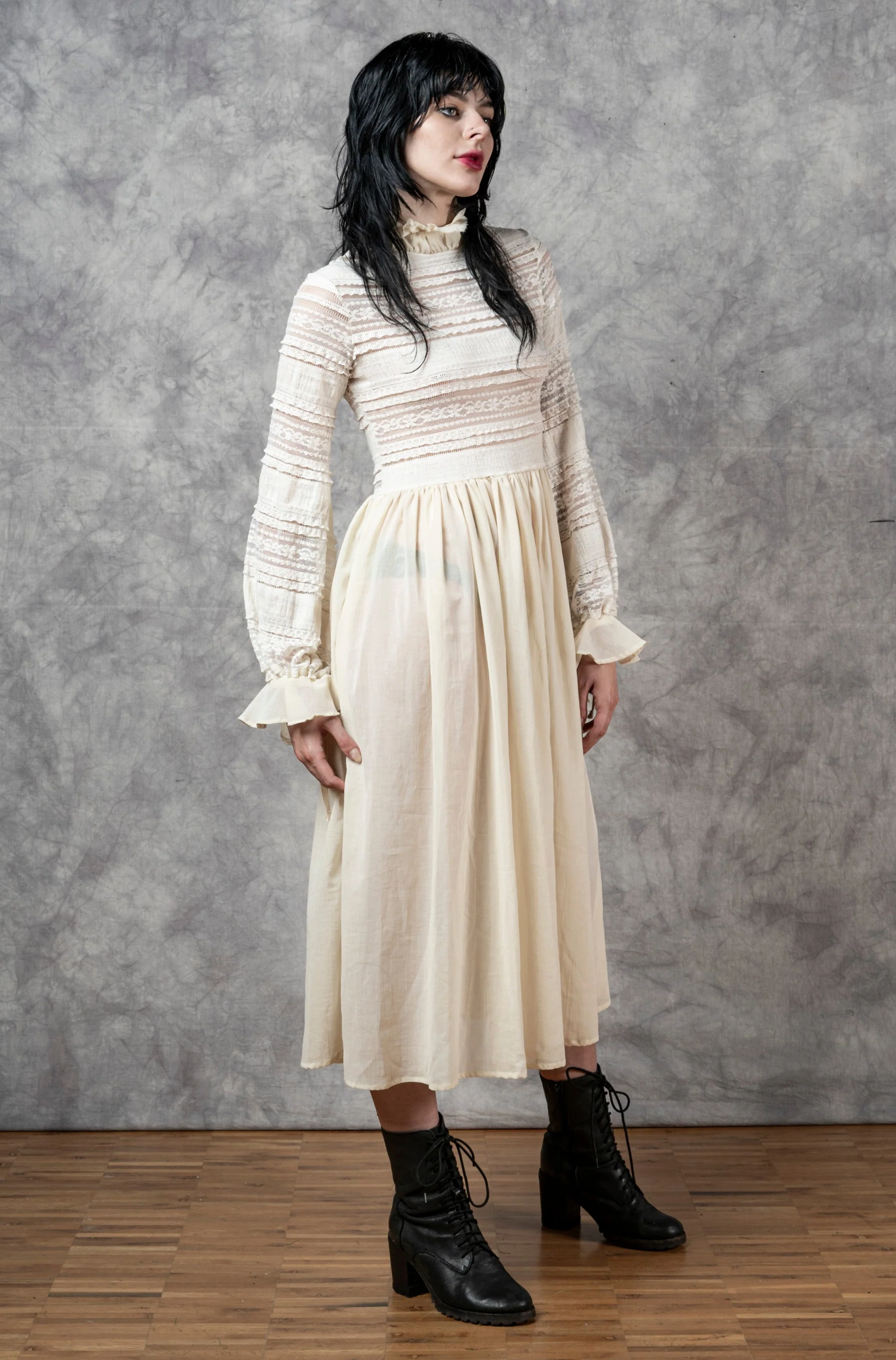 "Edith" Lace High Collar Dress in Ivory - Image 6