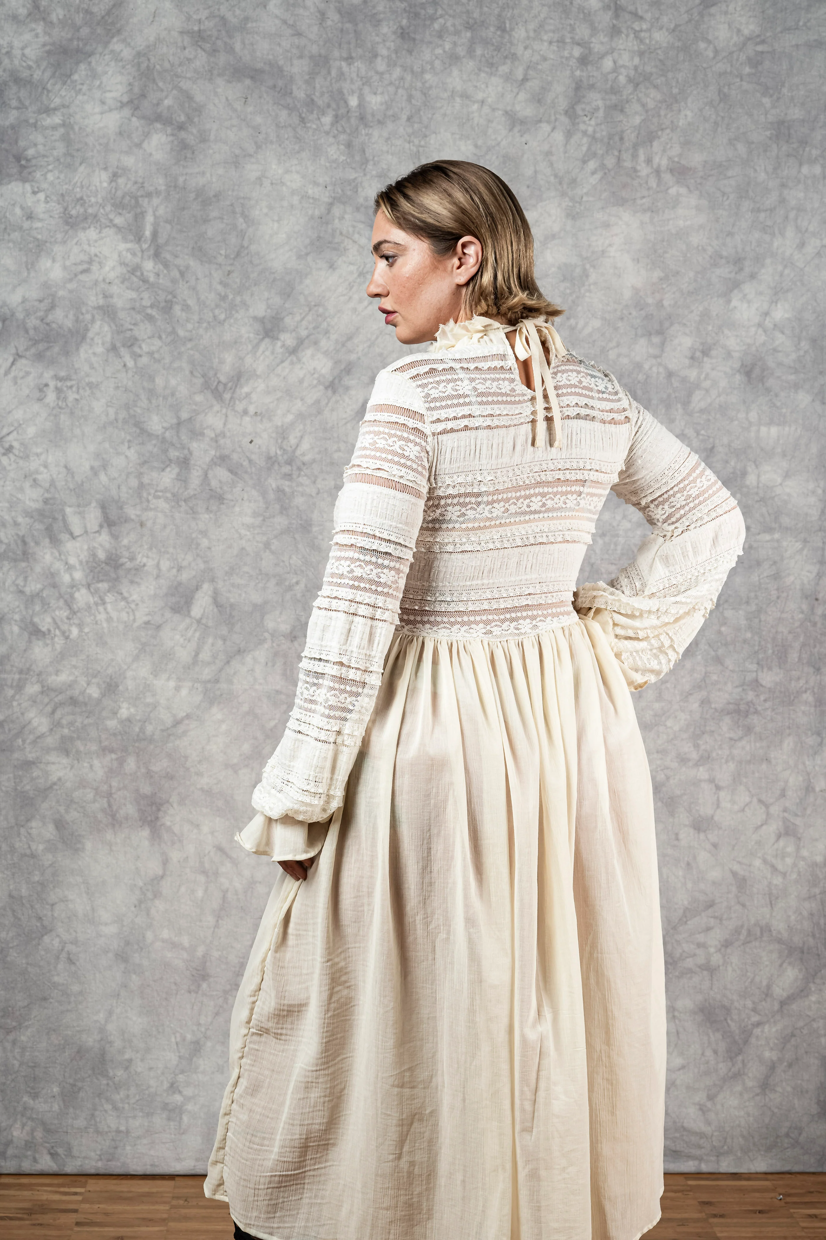 "Edith" Lace High Collar Dress in Ivory - Image 7