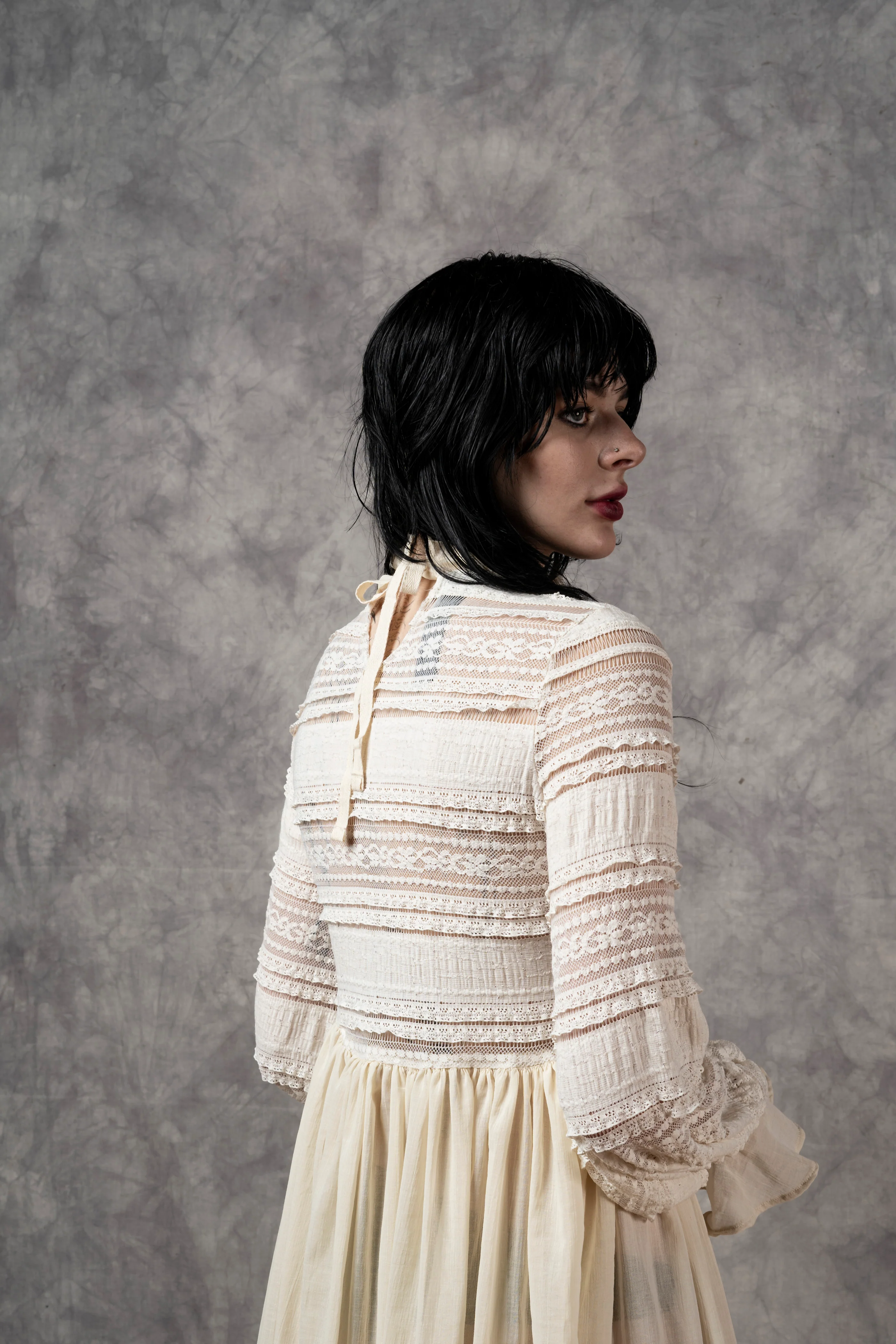 "Edith" Lace High Collar Dress in Ivory - Image 8