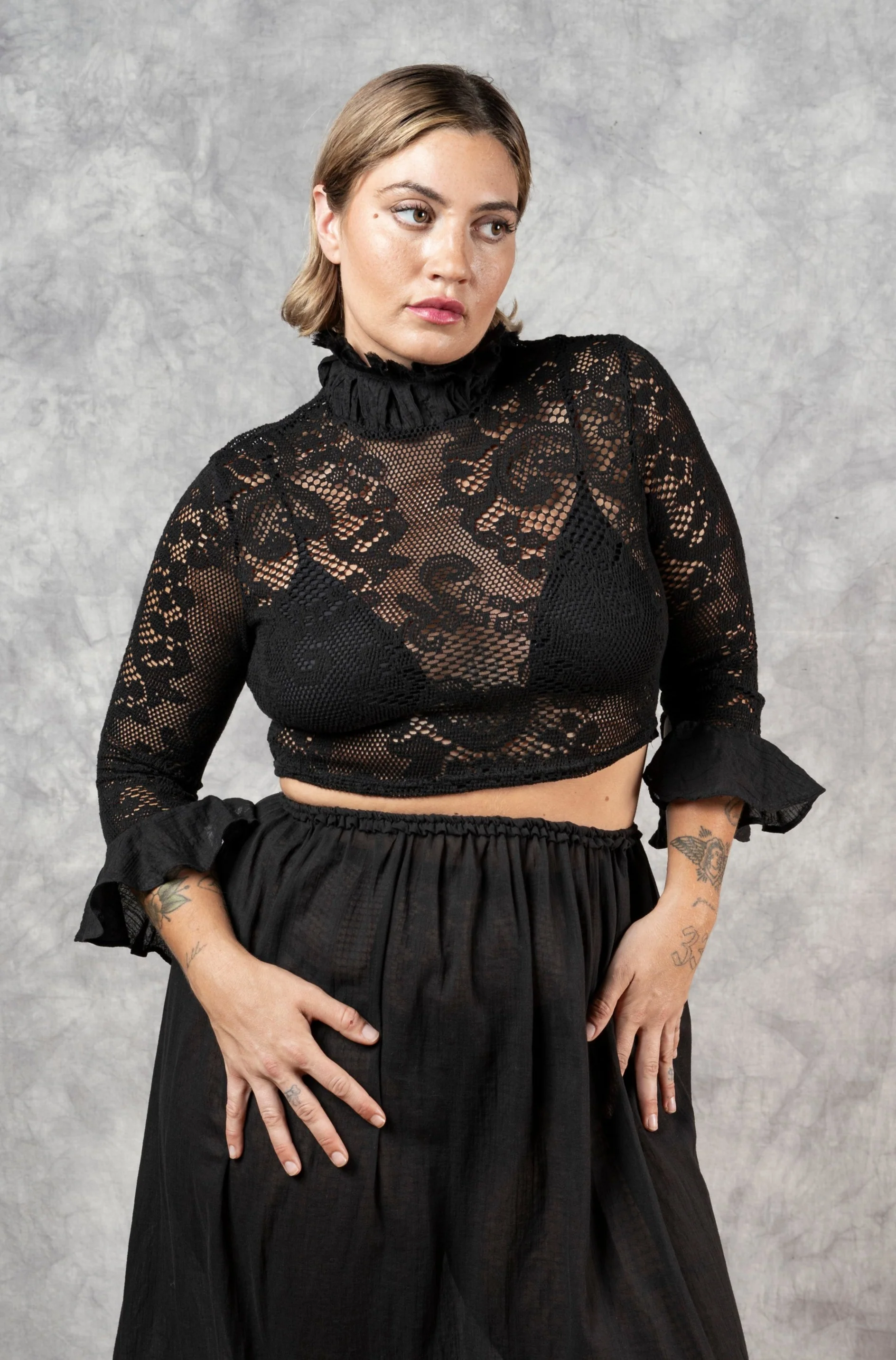Lace High Collar Top in Black - Image 4