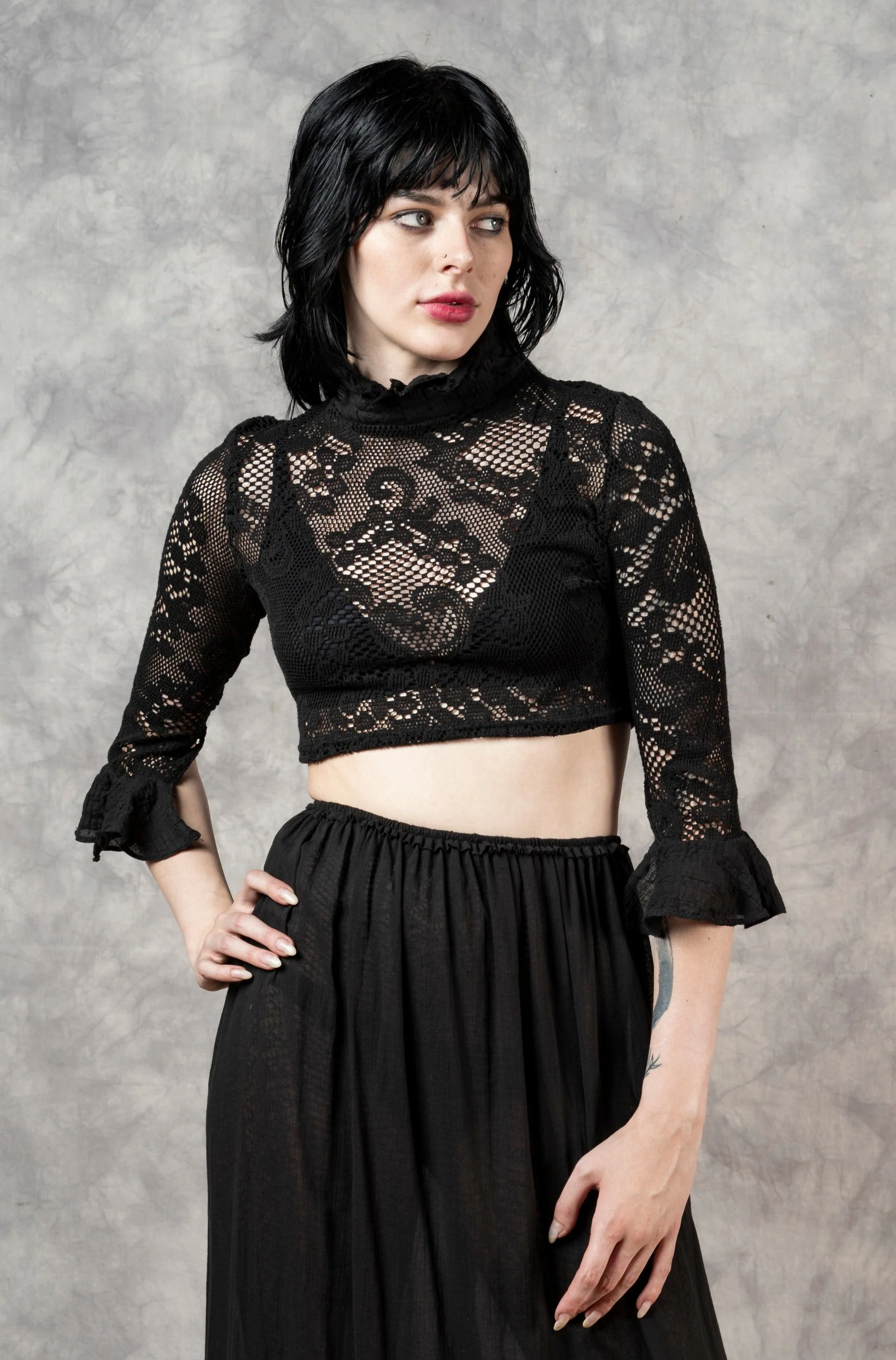 Lace High Collar Top in Black - Image 6