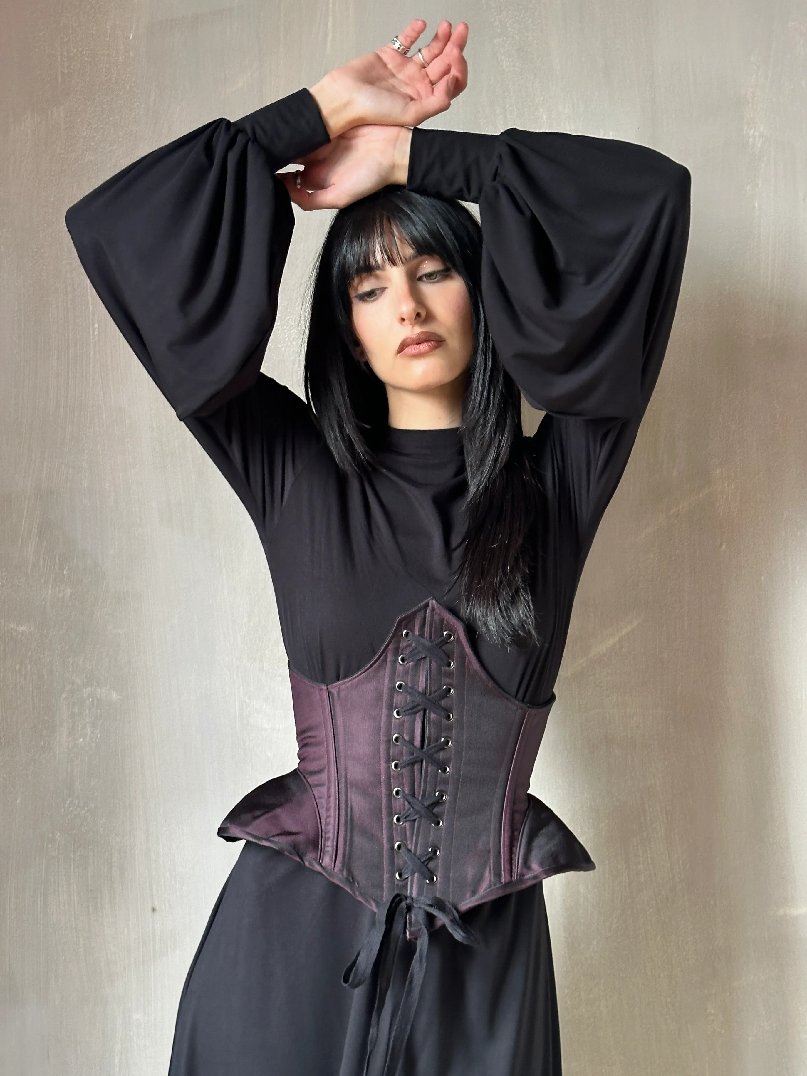 Sample Sale: Underbust Pannier Corset in Black-Purple Silk (Size I & IV) - Image 3