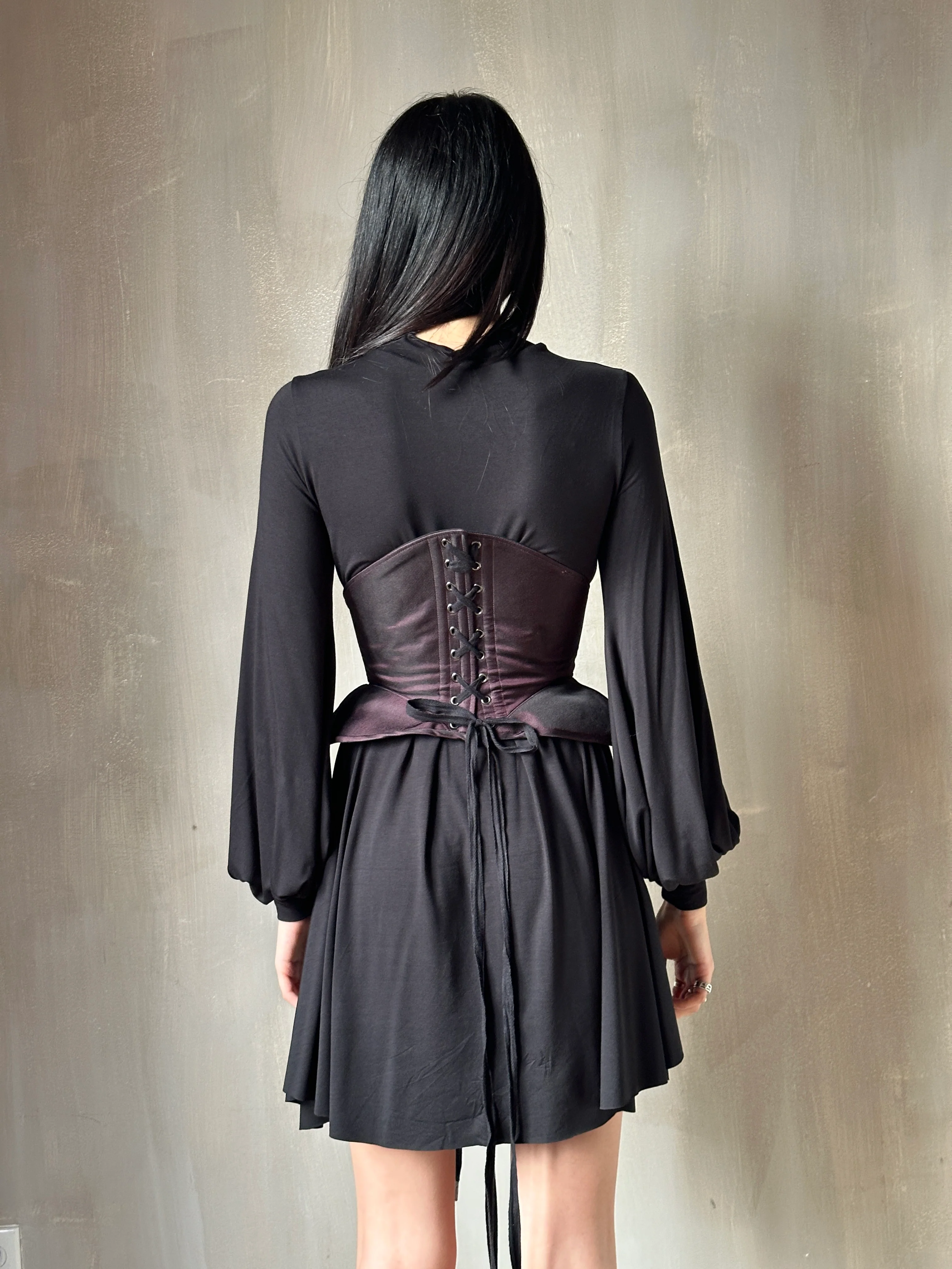 Sample Sale: Underbust Pannier Corset in Black-Purple Silk (Size I & IV) - Image 5