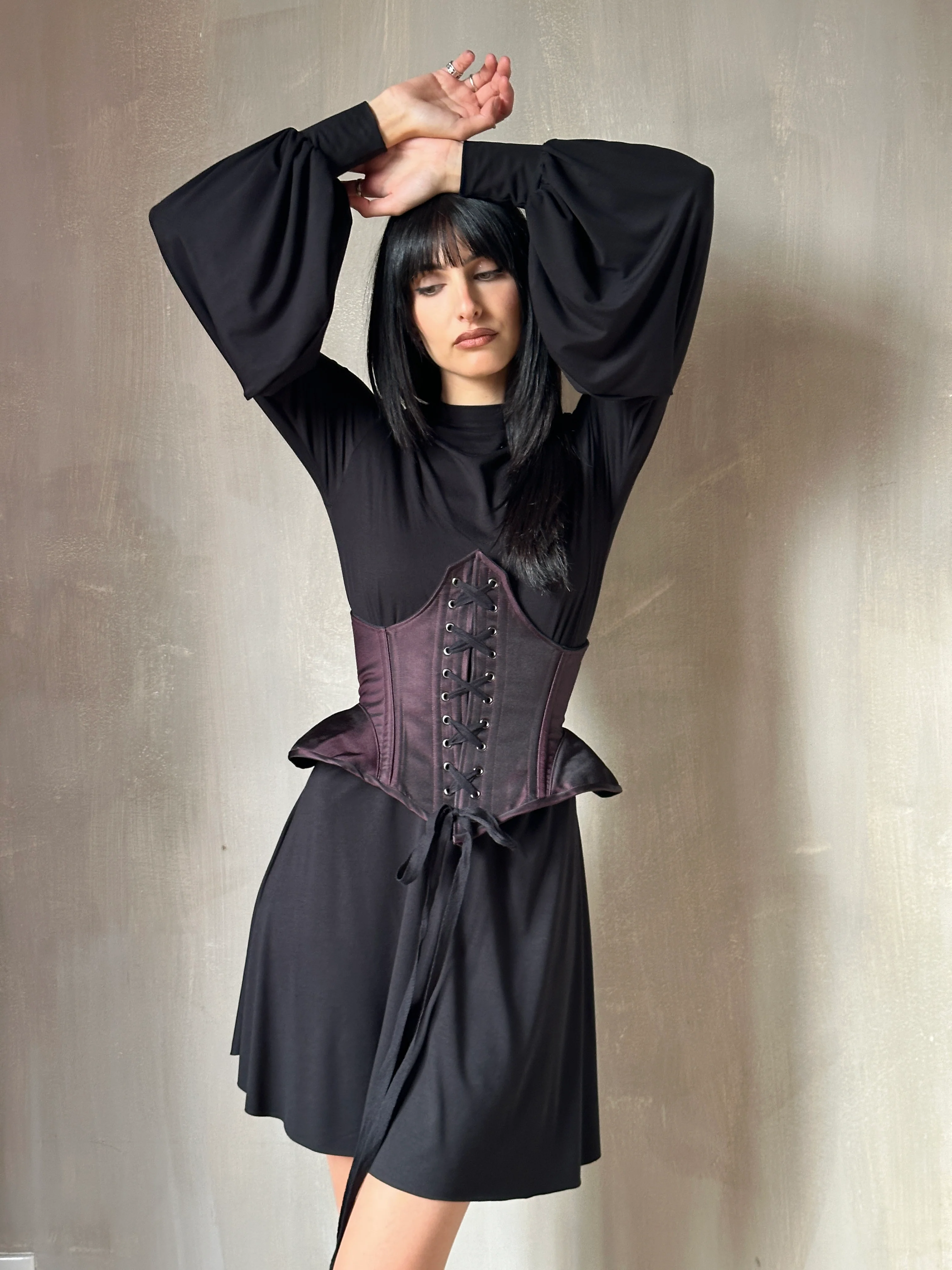 Sample Sale: Underbust Pannier Corset in Black-Purple Silk (Size I & IV) - Image 6