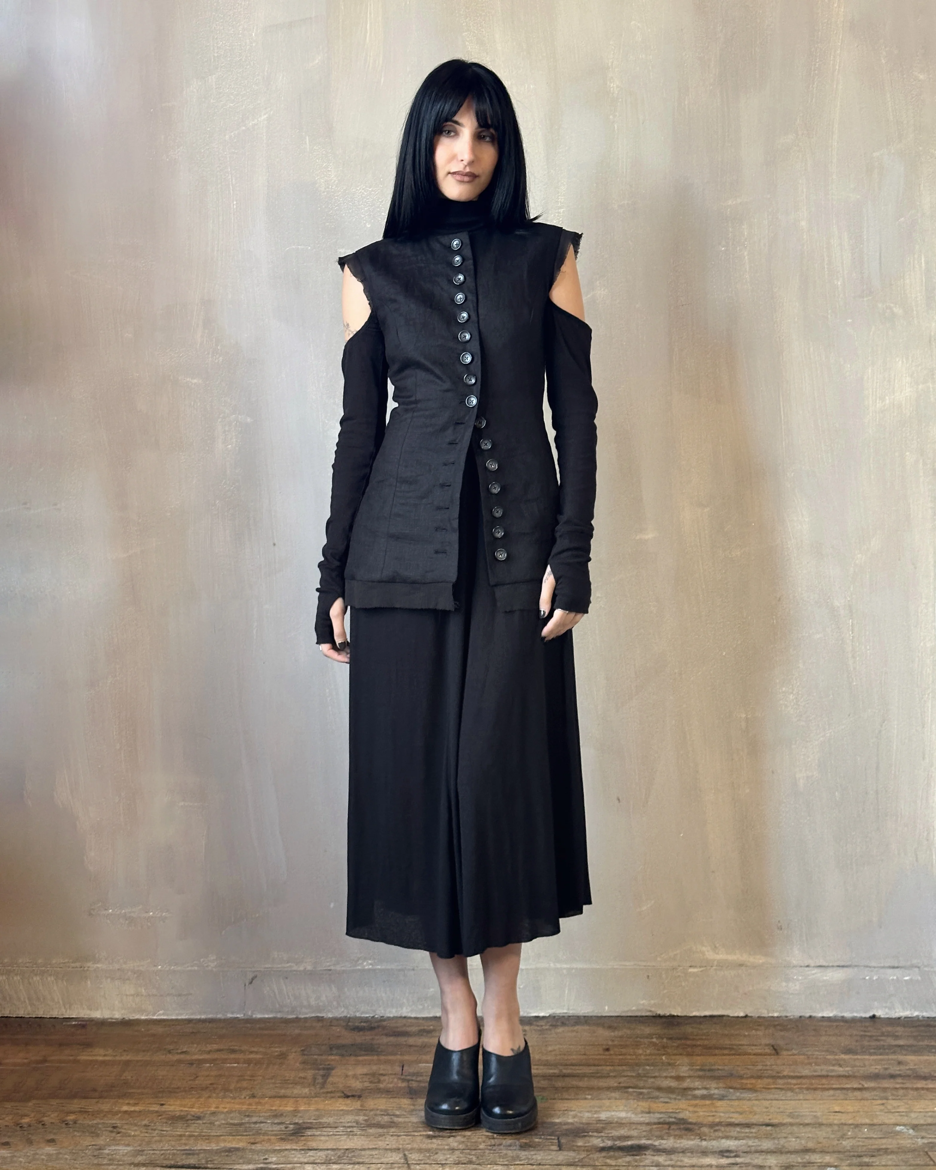 Long Button-Front Tails Vest in Linen - Image 8