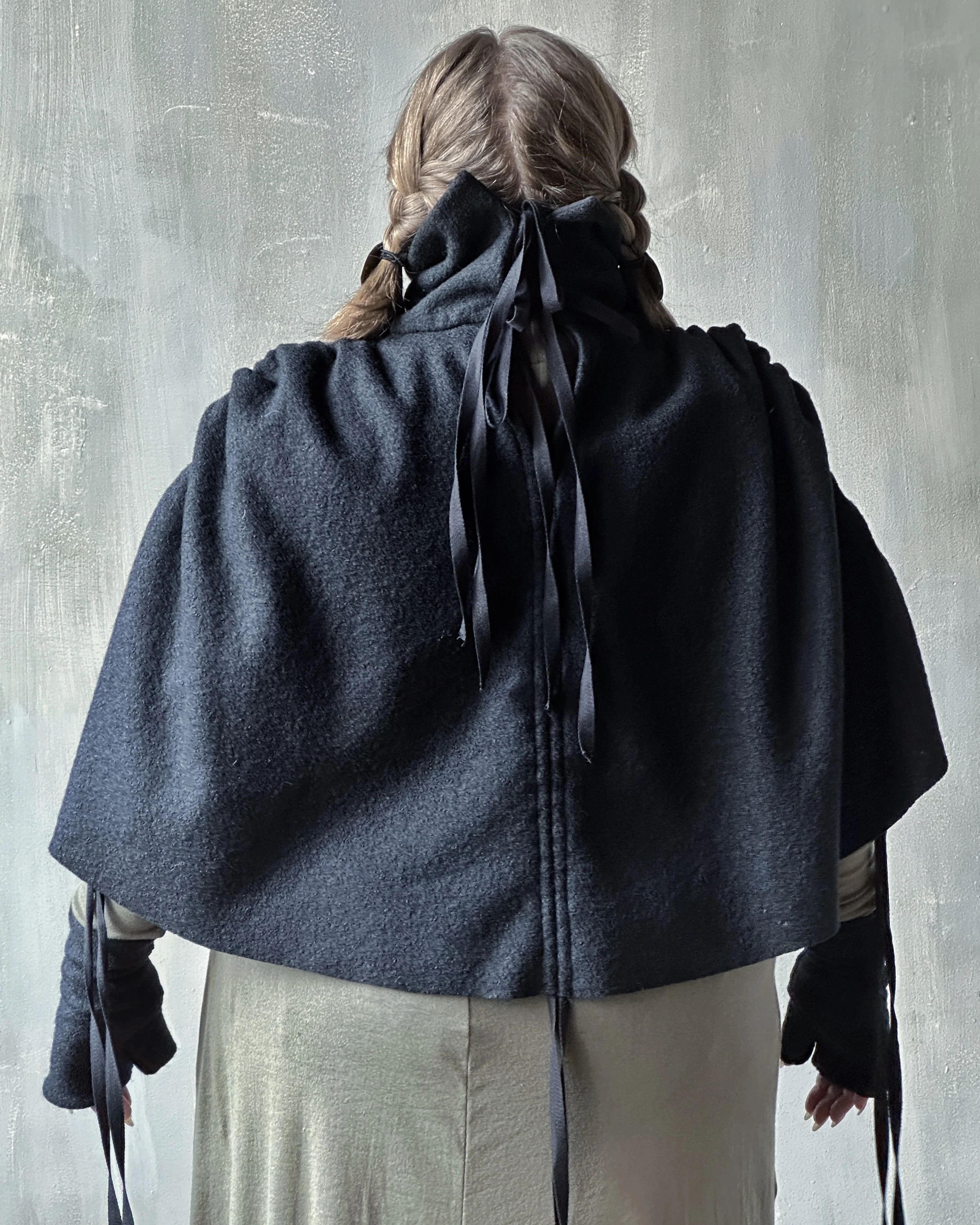 Ruched Capelet in Black Wool - Image 11