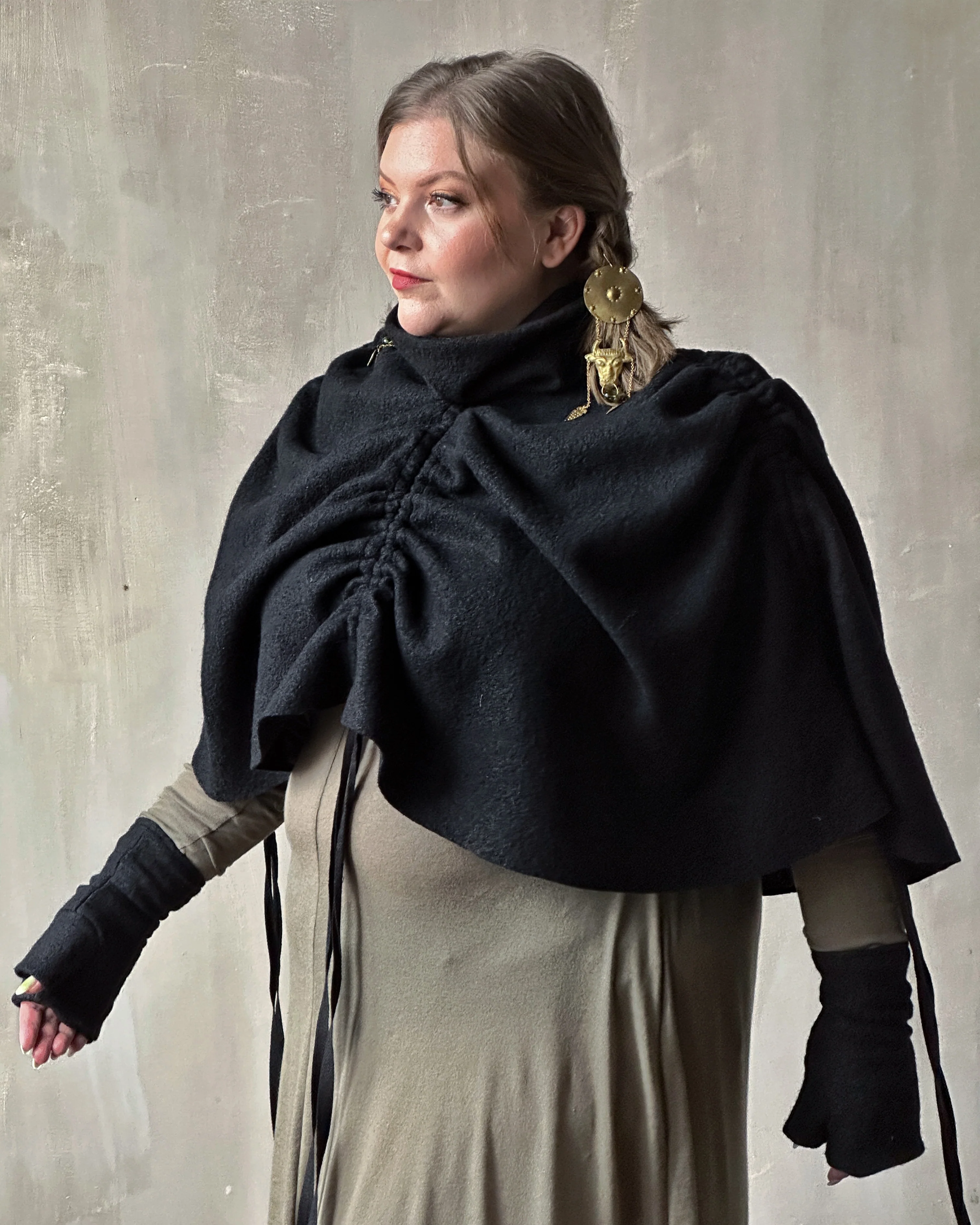 Ruched Capelet in Black Wool - Image 12