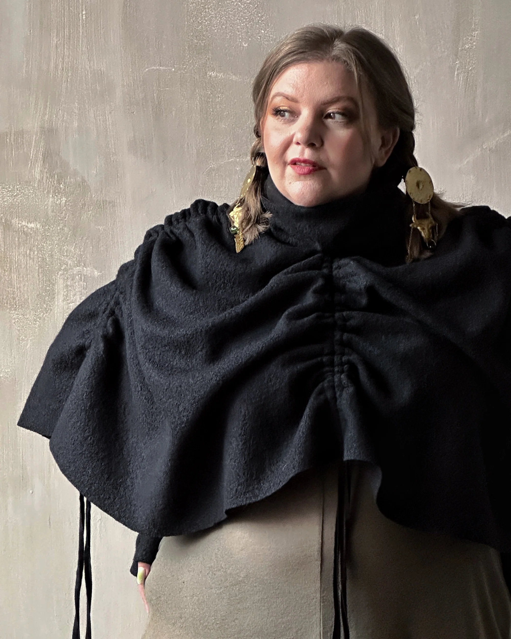 Ruched Capelet in Black Wool - Image 13