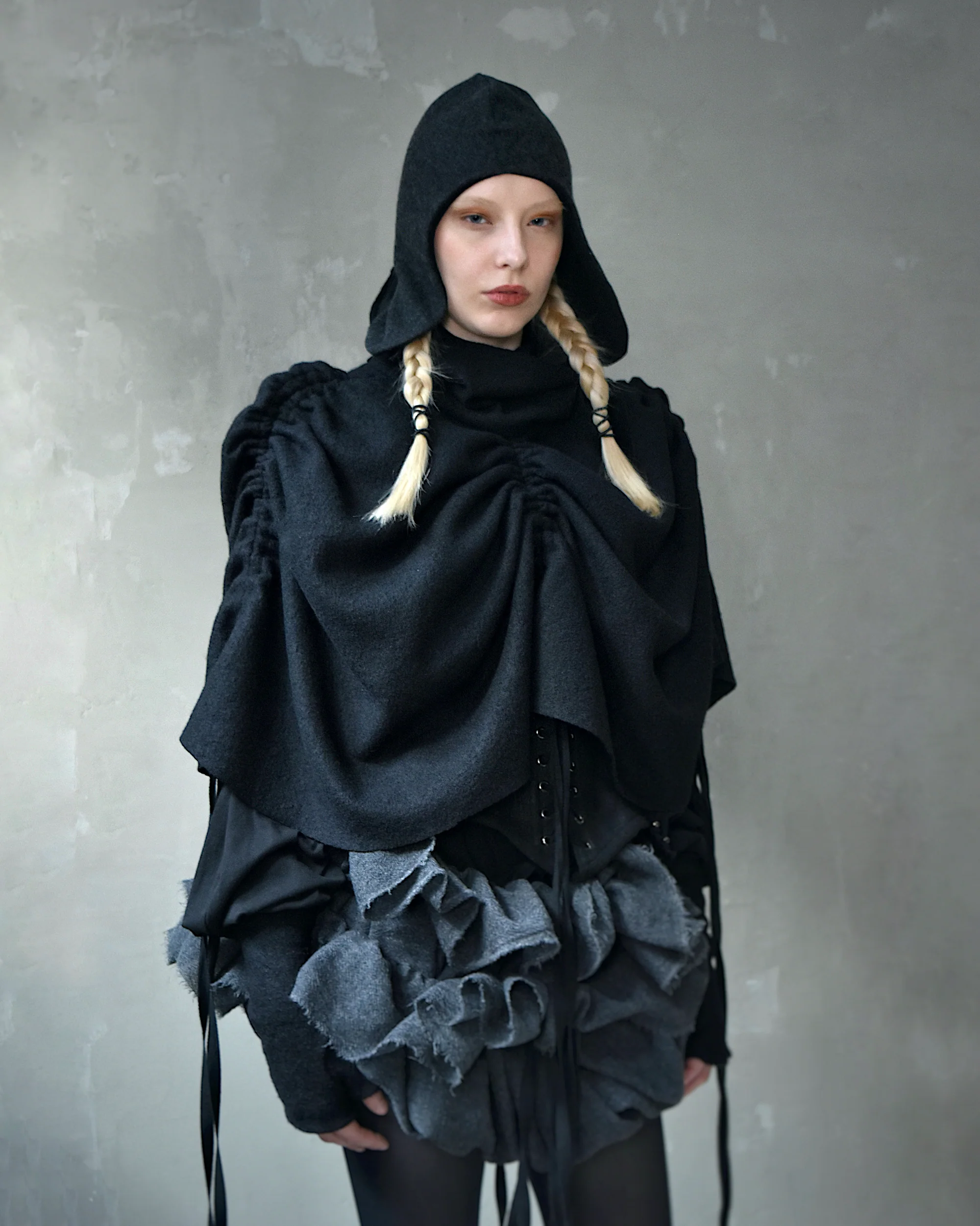 Ruched Capelet in Black Wool - Image 4