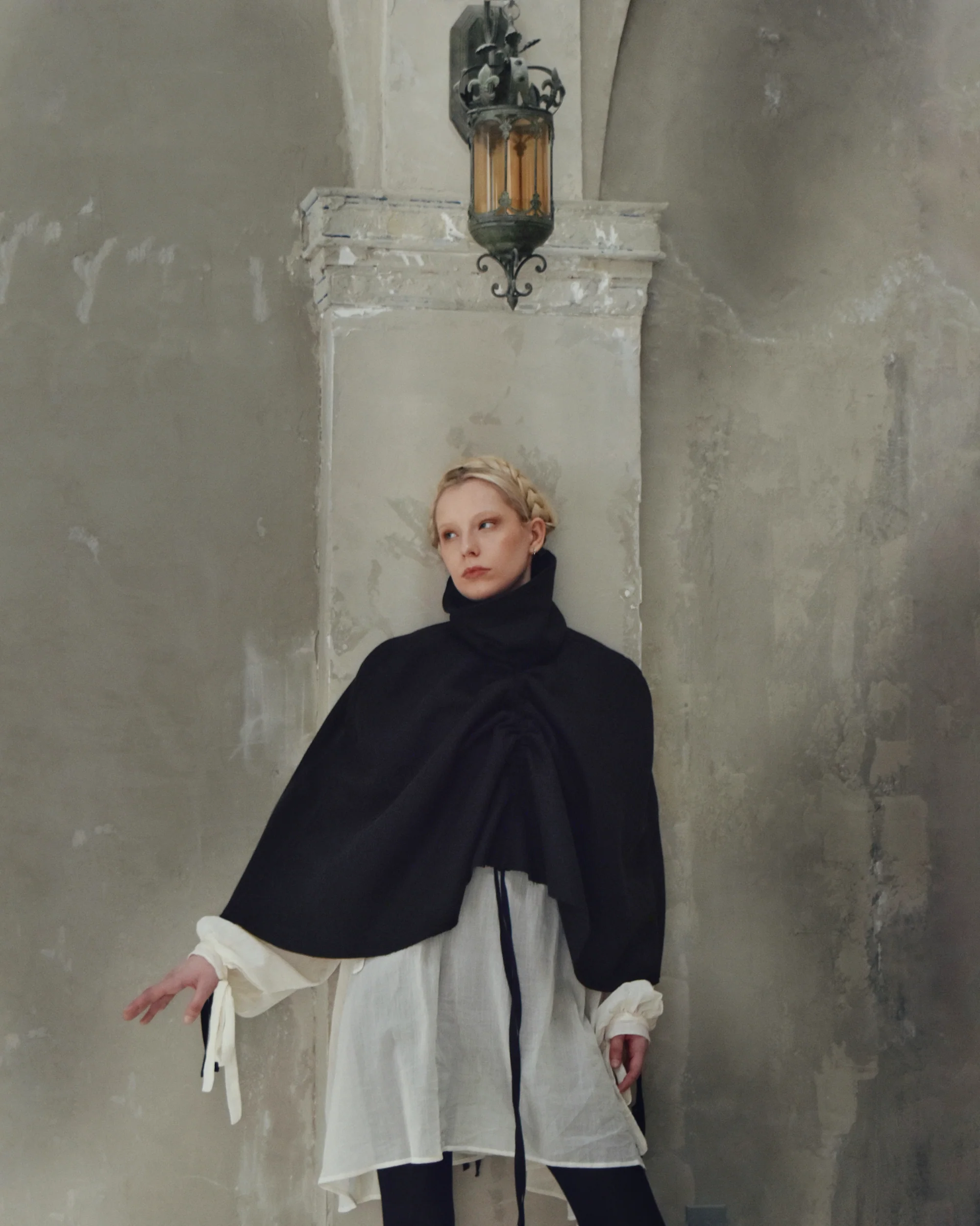 Ruched Capelet in Black Wool - Image 7