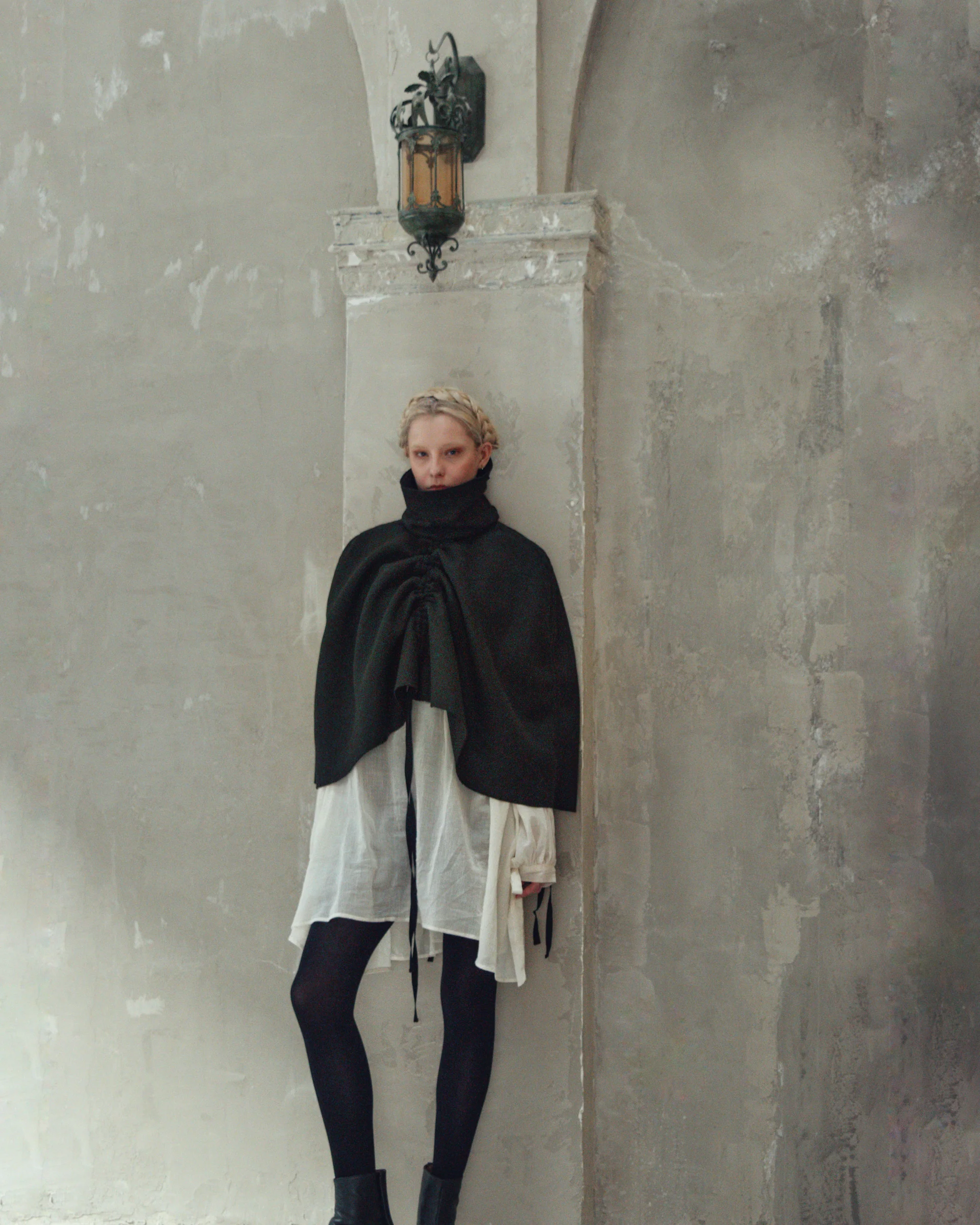 Ruched Capelet in Black Wool - Image 8