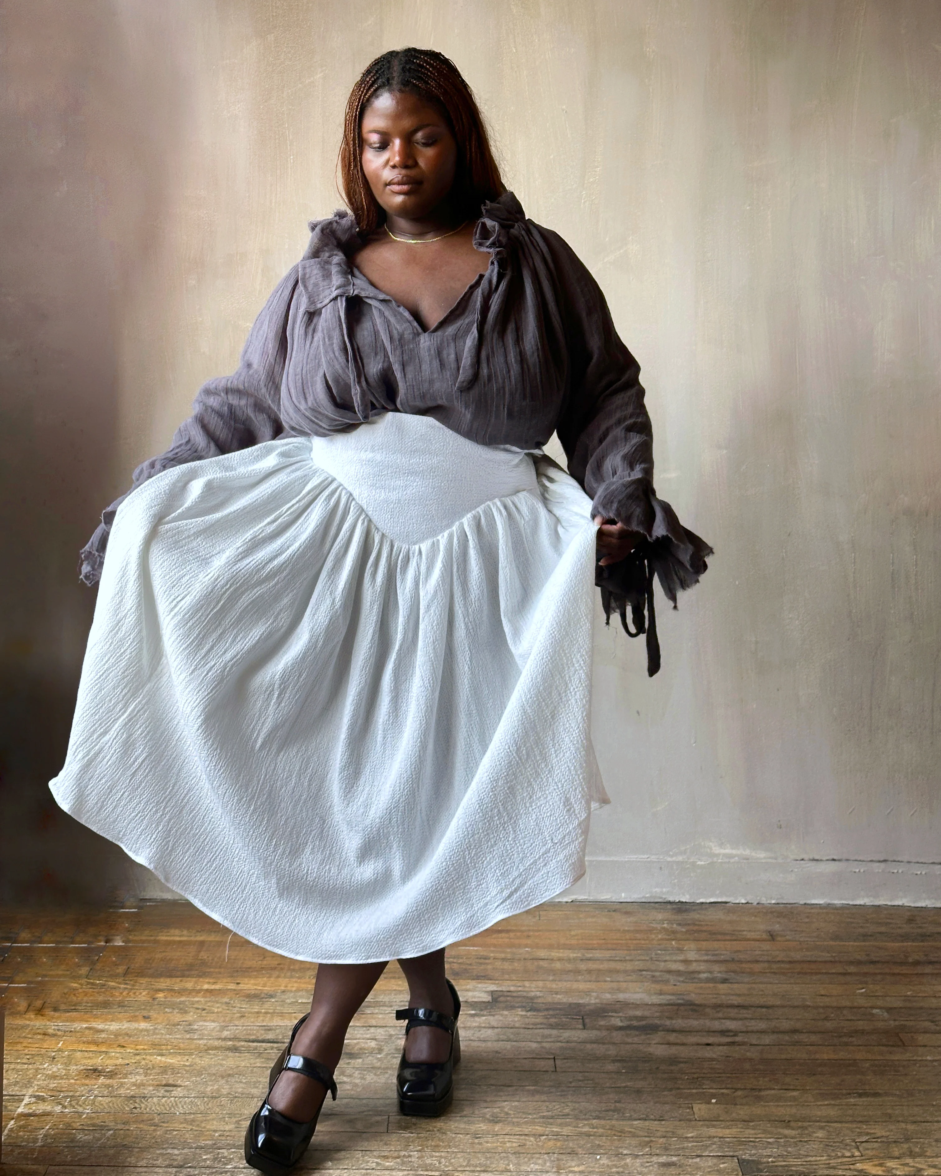 Sample Sale: Extended Yoke Petticoat Skirt In White Seersucker Cotton (Size I & V) - Image 3