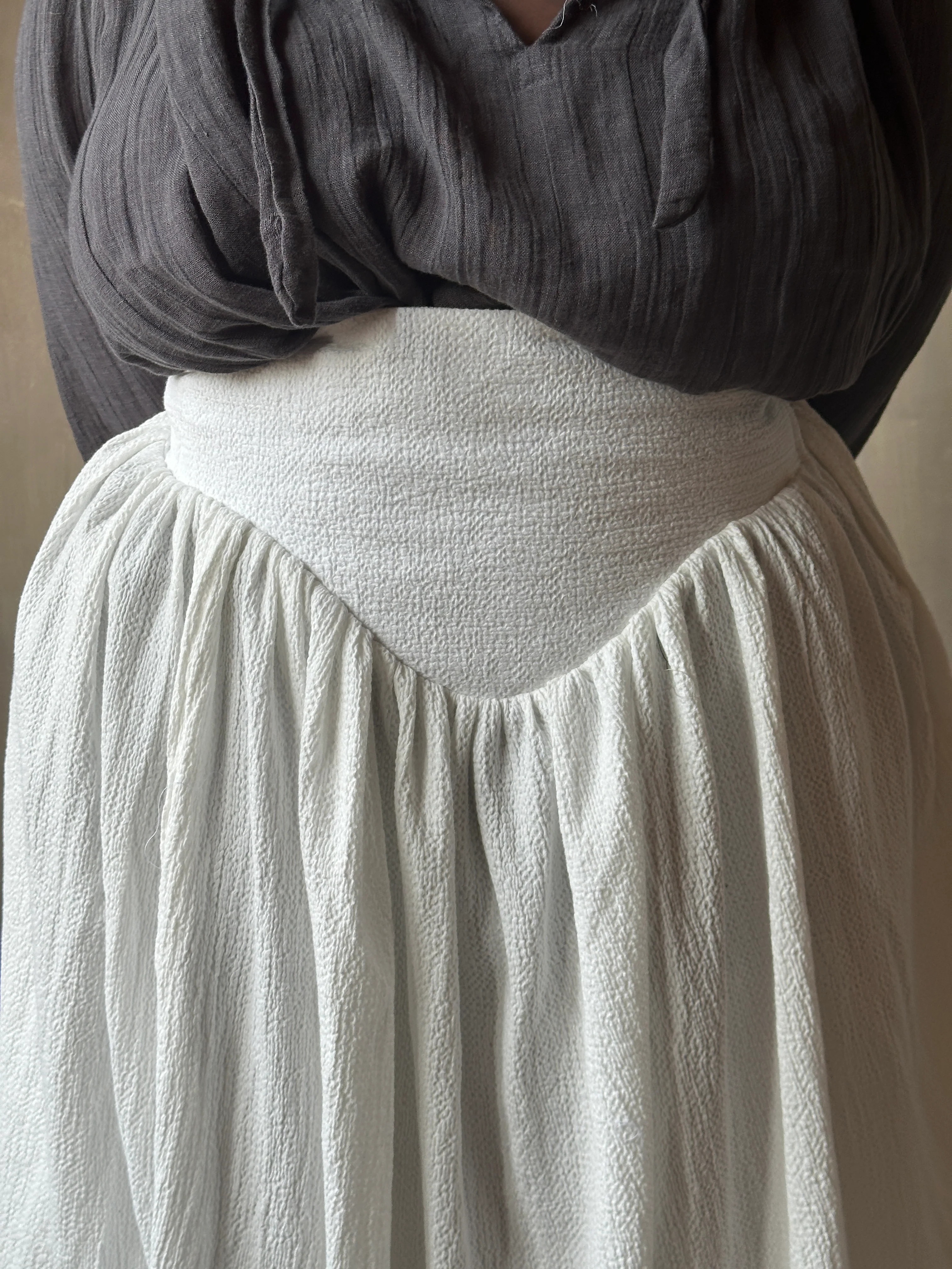 Sample Sale: Extended Yoke Petticoat Skirt In White Seersucker Cotton (Size I & V) - Image 4