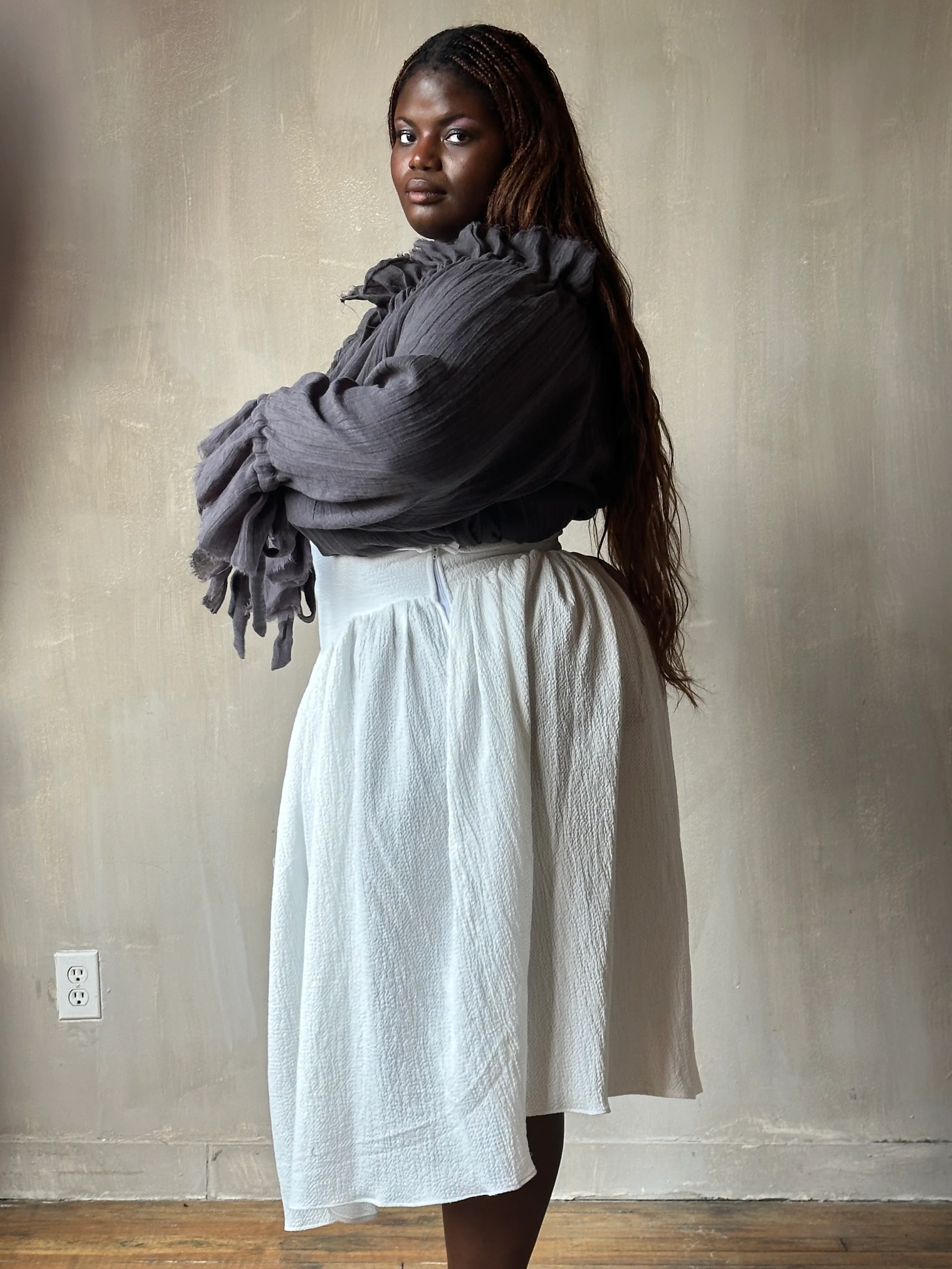 Sample Sale: Extended Yoke Petticoat Skirt In White Seersucker Cotton (Size I & V) - Image 5