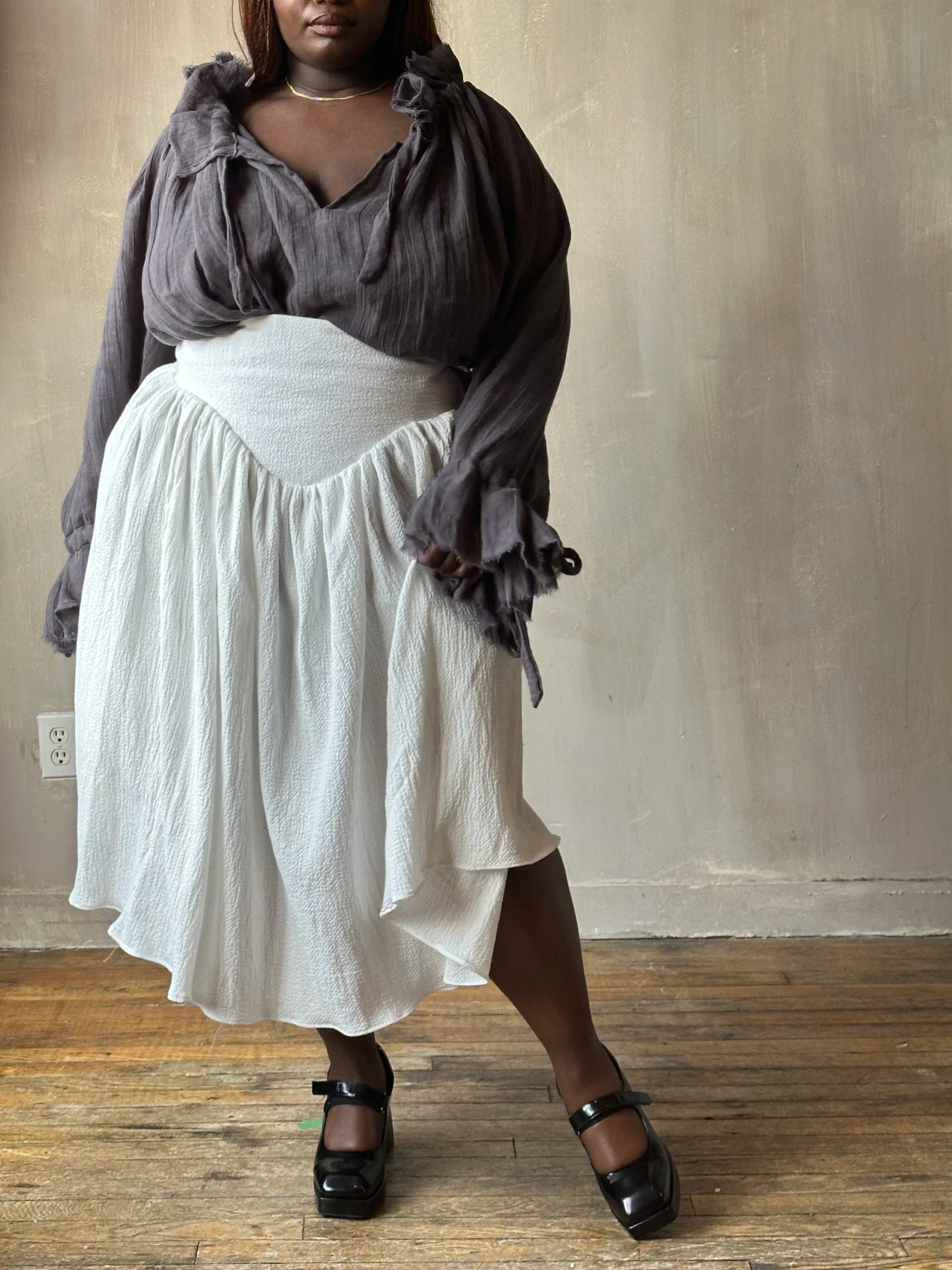 Sample Sale: Extended Yoke Petticoat Skirt In White Seersucker Cotton (Size I & V) - Image 7