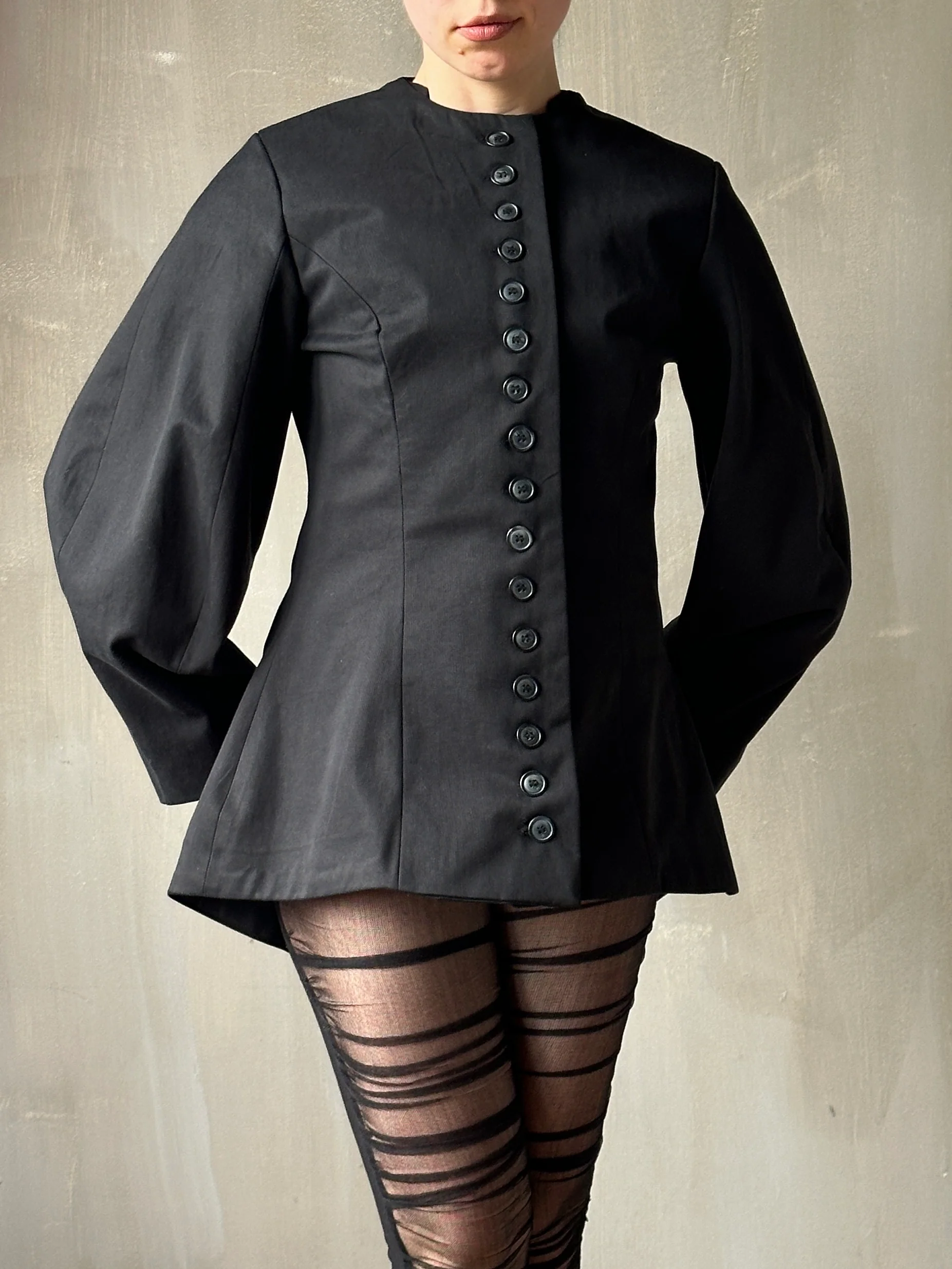 Tails Button Jacket with Lantern Sleeve in Black Cotton Twill (In Stock) * - Image 10