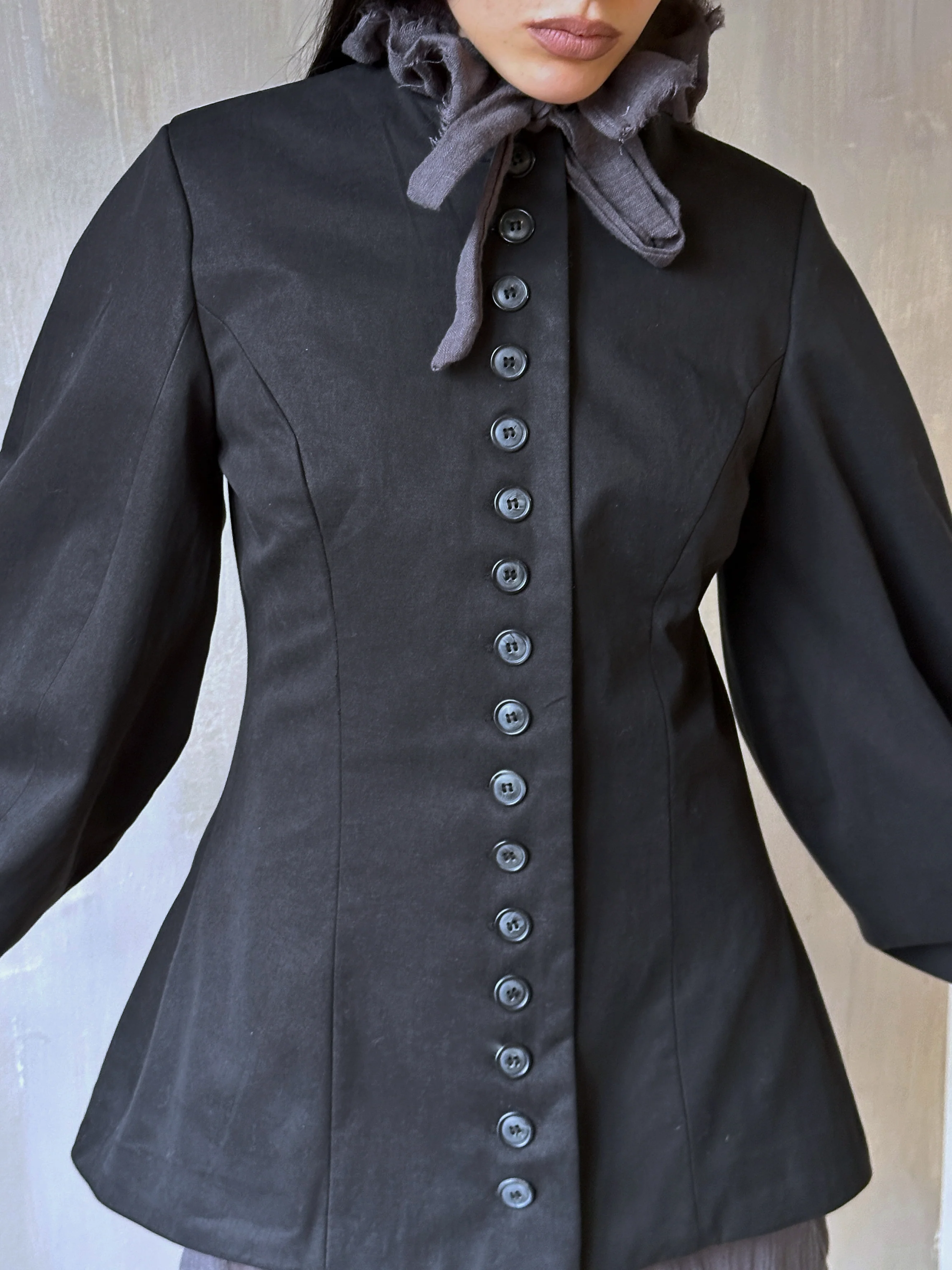 Tails Button Jacket with Lantern Sleeve in Black Cotton Twill (In Stock) * - Image 5