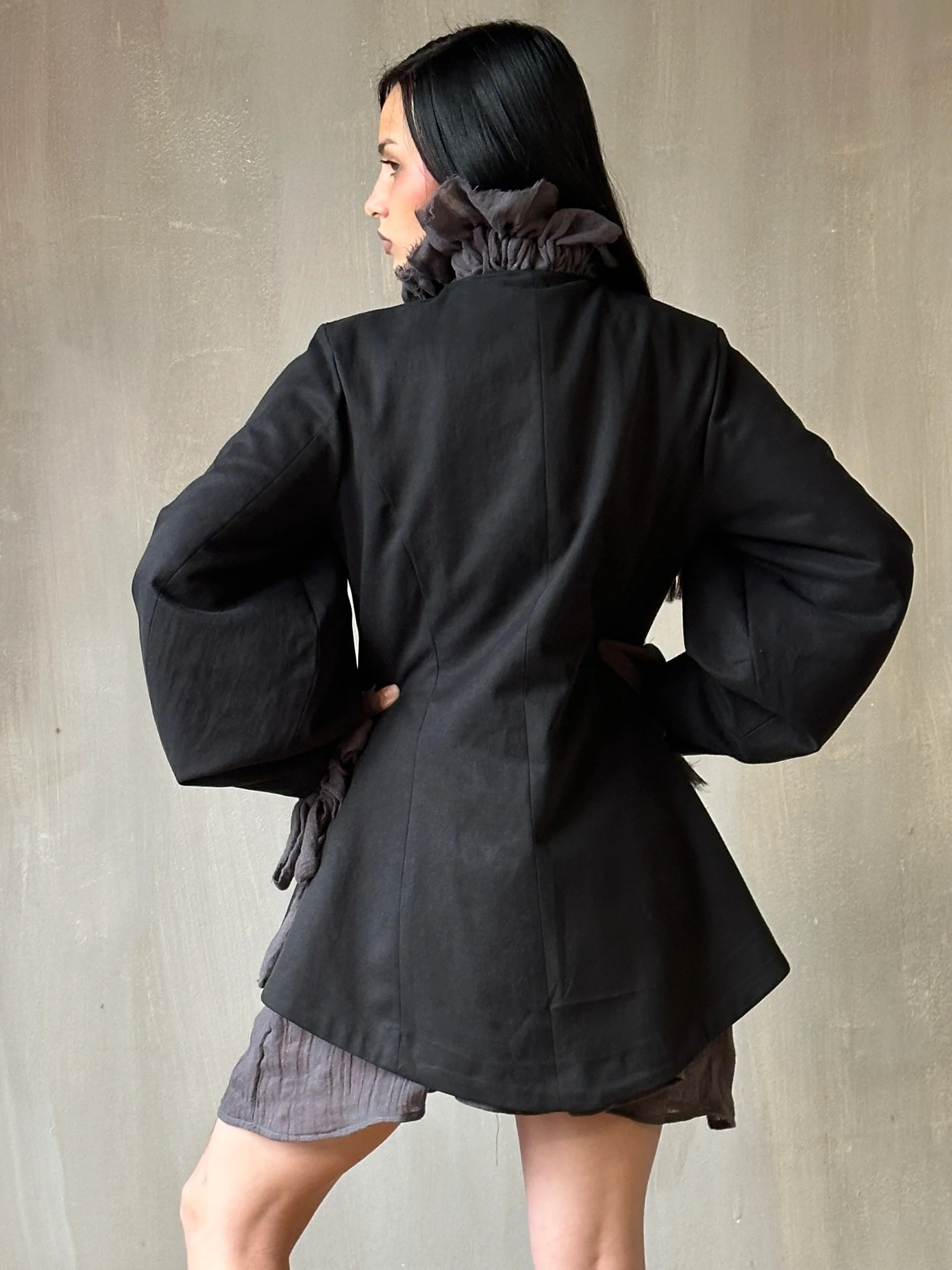 Tails Button Jacket with Lantern Sleeve in Black Cotton Twill (In Stock) * - Image 6