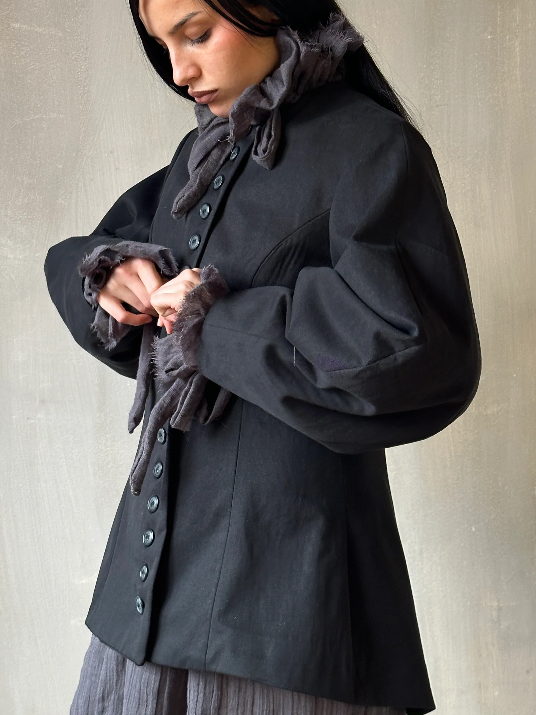Tails Button Jacket with Lantern Sleeve in Black Cotton Twill (In Stock) * - Image 7
