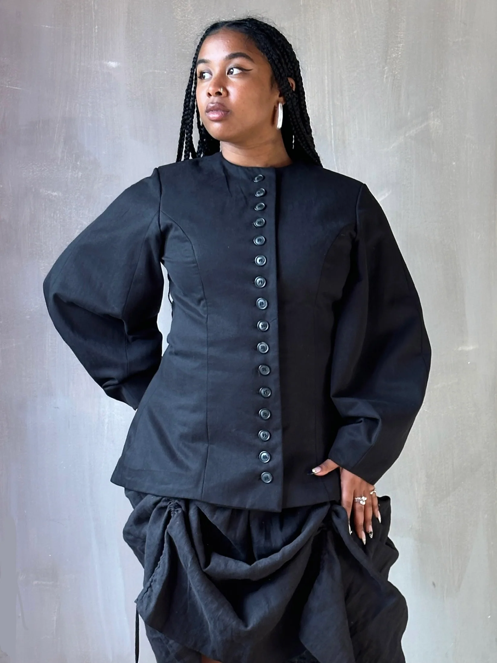 Tails Button Jacket with Lantern Sleeve in Black Cotton Twill (In Stock) * - Image 8