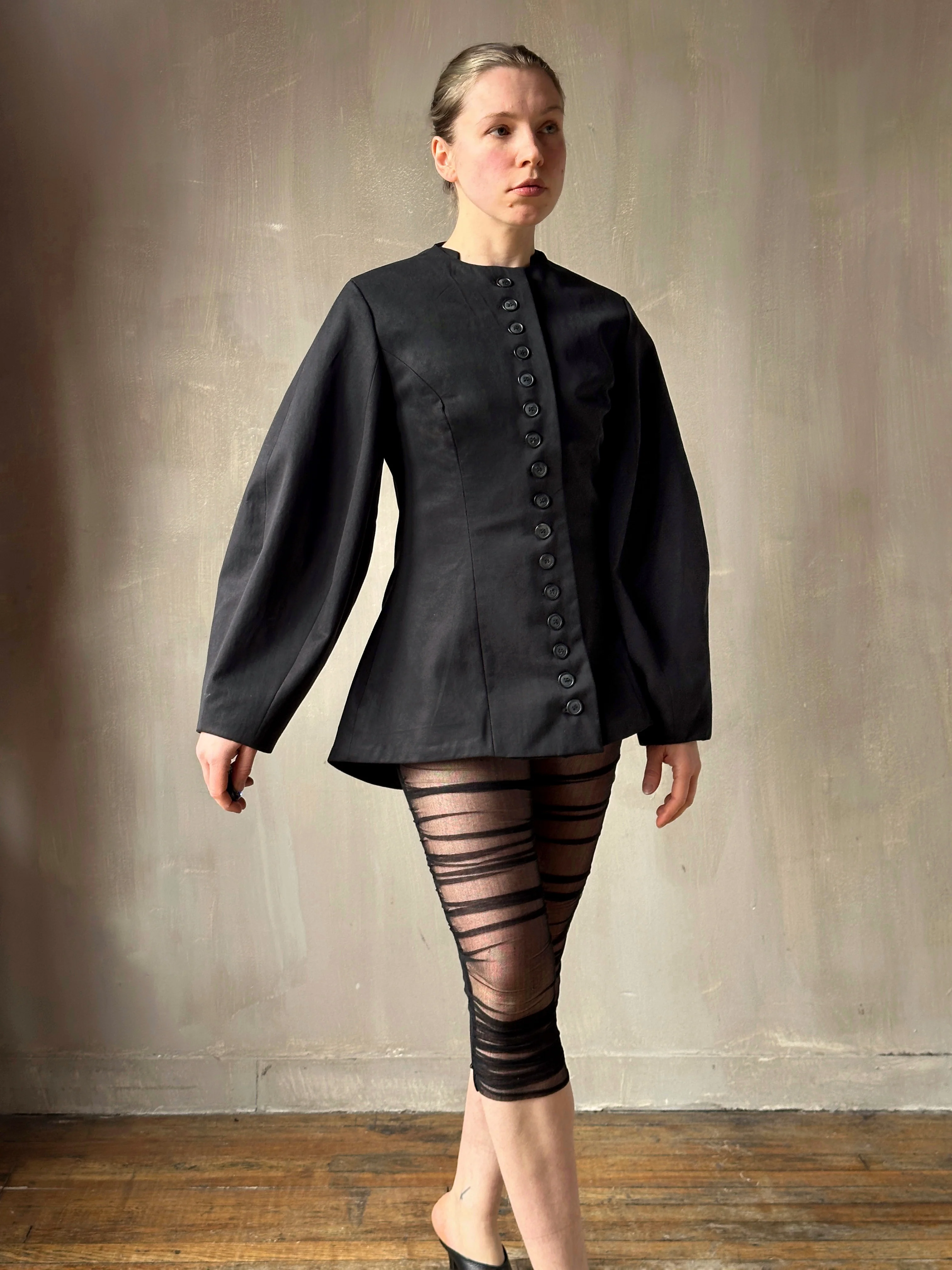Tails Button Jacket with Lantern Sleeve in Black Cotton Twill (In Stock) * - Image 9